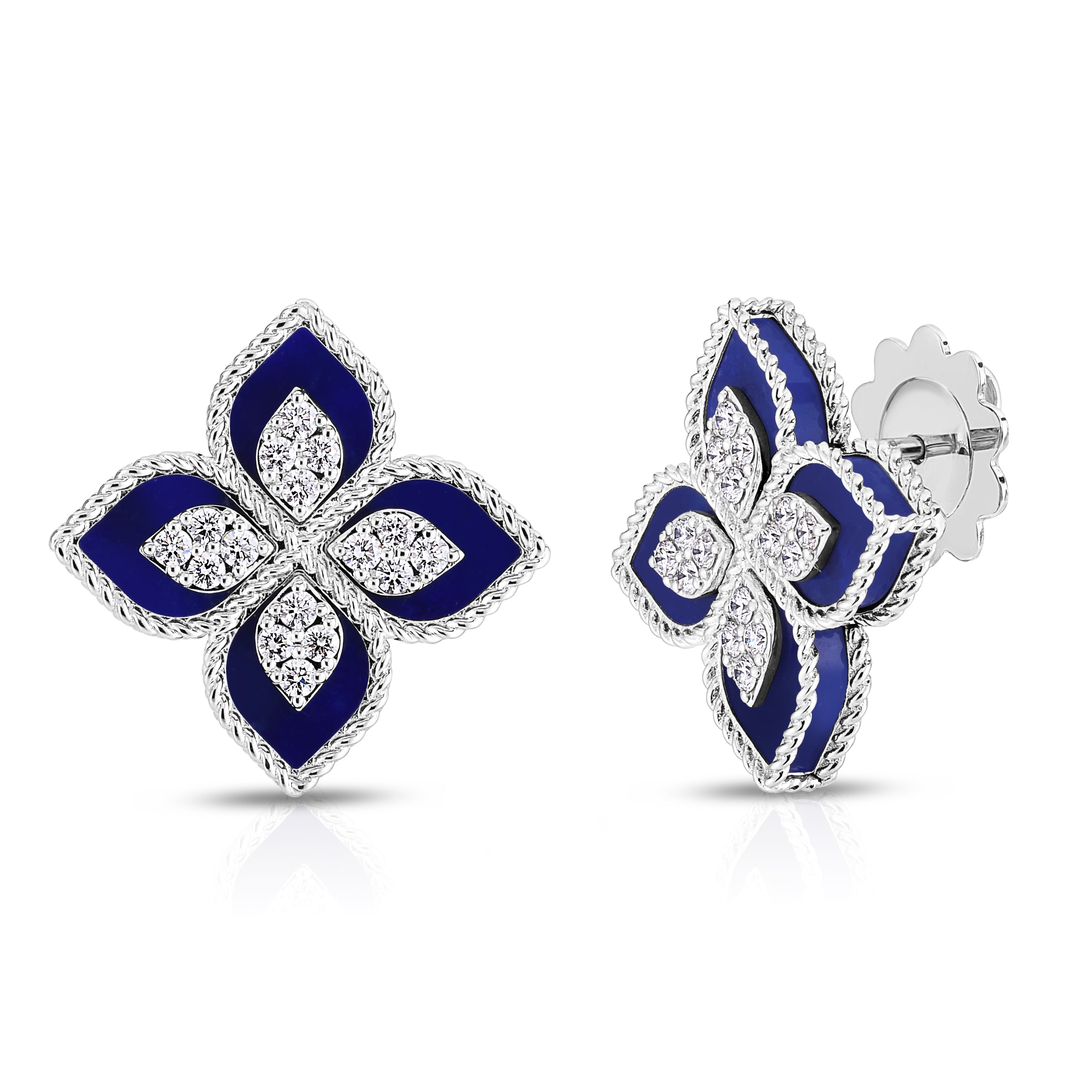 18K WHITE GOLD VENETIAN PRINCESS DIAMOND & LAPIS FLOWER STUD EARRINGS