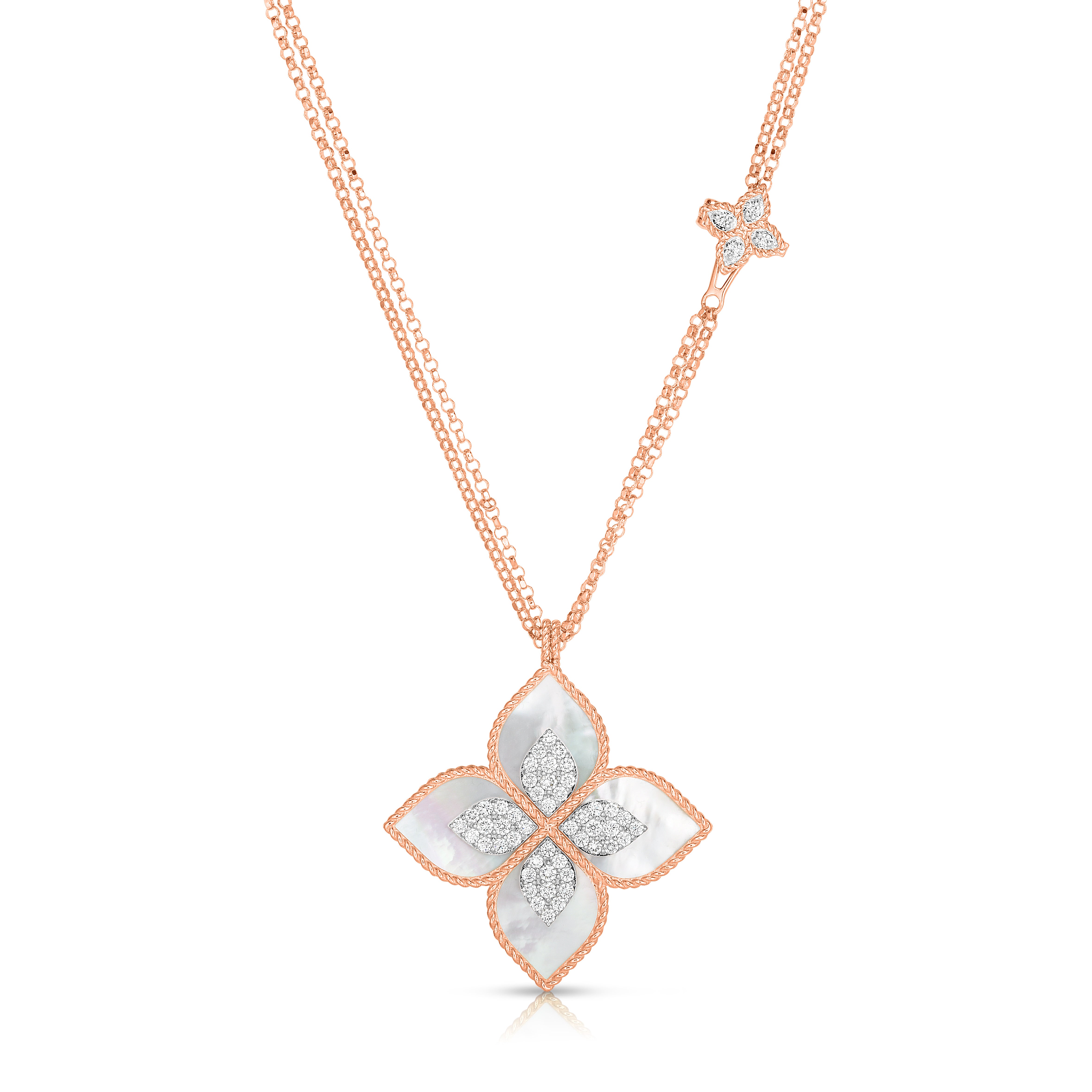 18K ROSE/WHITE GOLD VENETIAN PRINCESS LARGE DIAMOND & MOTHER OF PEARL FLOWER LONG NECKLACE