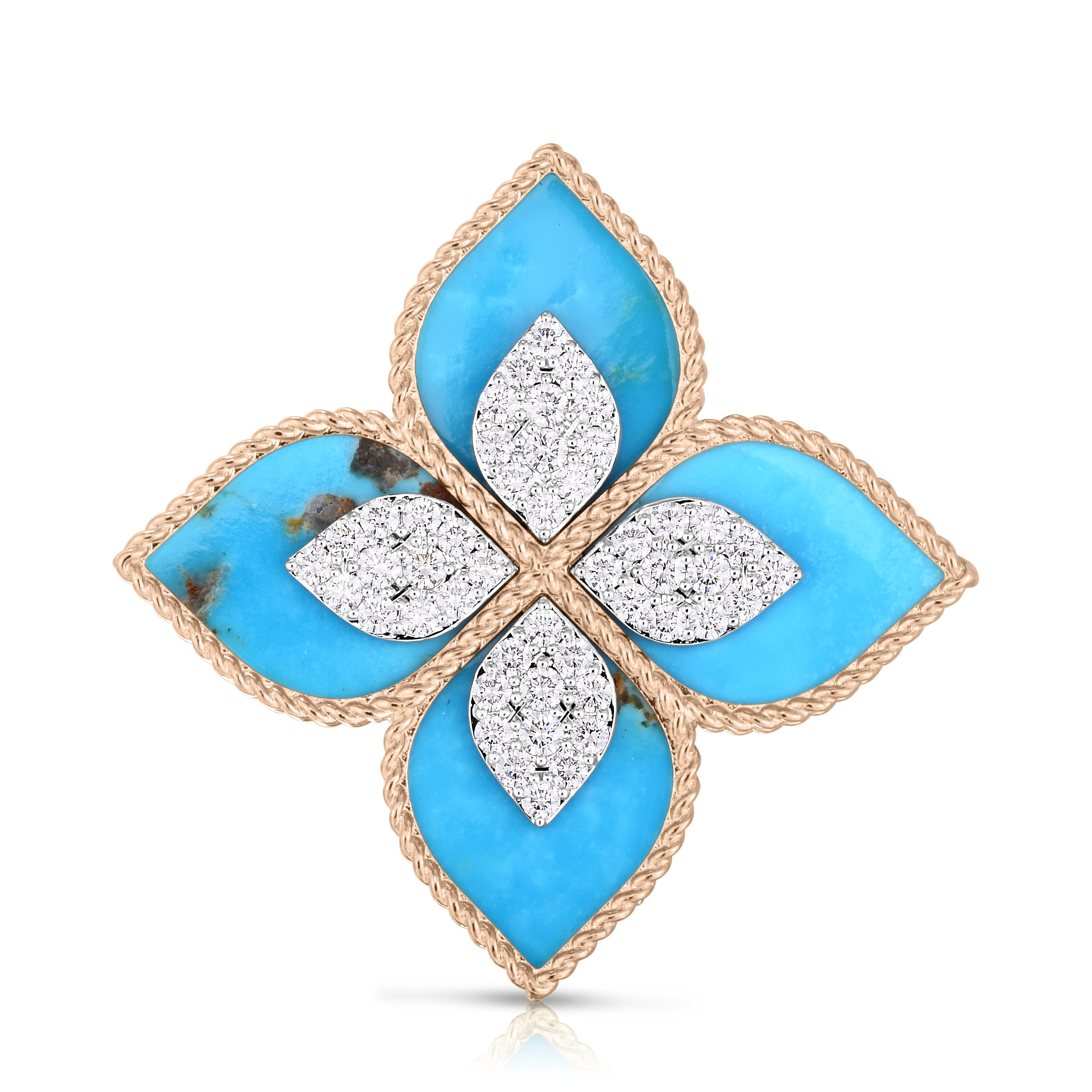 18K ROSE/WHITE GOLD VENENTIAN PRINCESS LARGE DIAMOND & TURQUOISE FLOWER RING