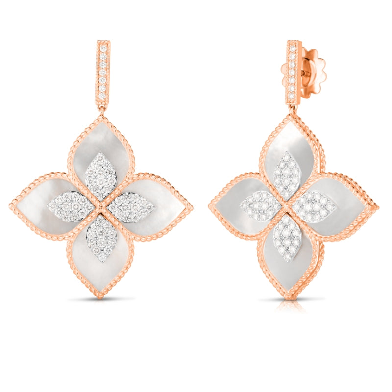 18K ROSE/WHITE GOLD VENETIAN PRINCESS LARGE DIAMOND & MOTHER OF PEARL FLOWER DROP EARRINGS