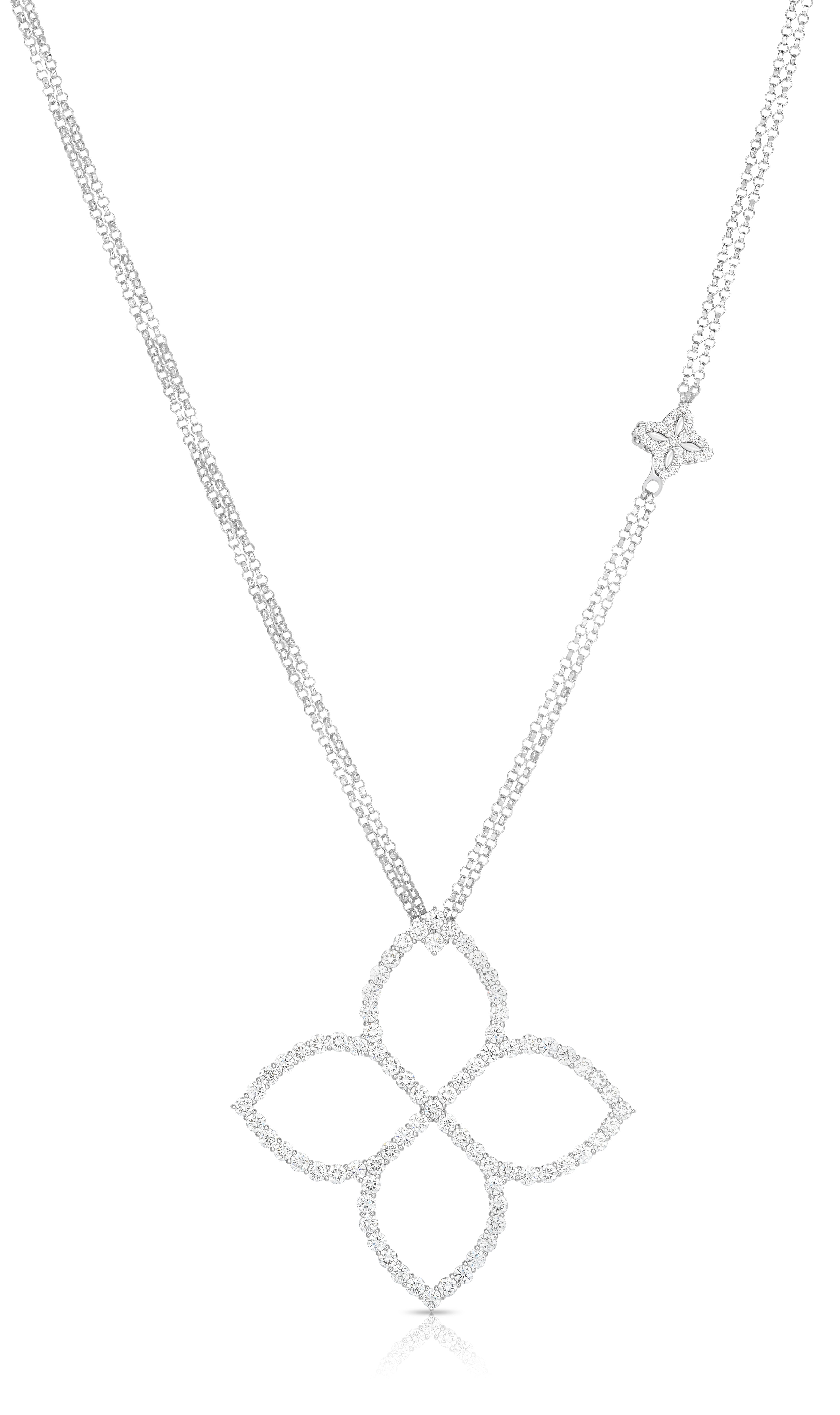 18K WHITE GOLD DIAMOND PRINCESS LARGE OUTLINE FLOWER LONG NECKLACE