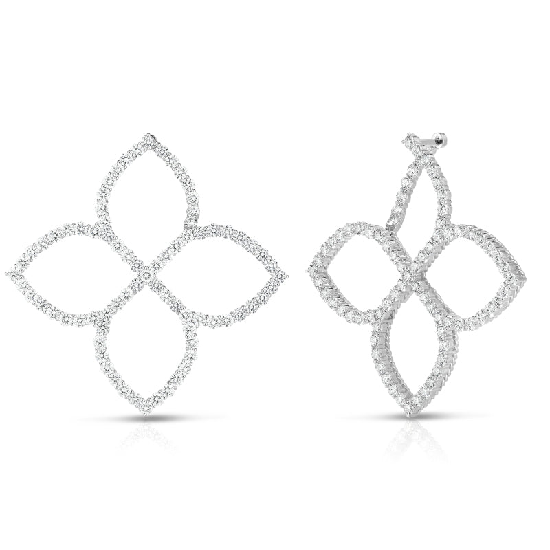 18K WHITE GOLD DIAMOND PRINCESS LARGE OUTLINE FLOWER EARRINGS