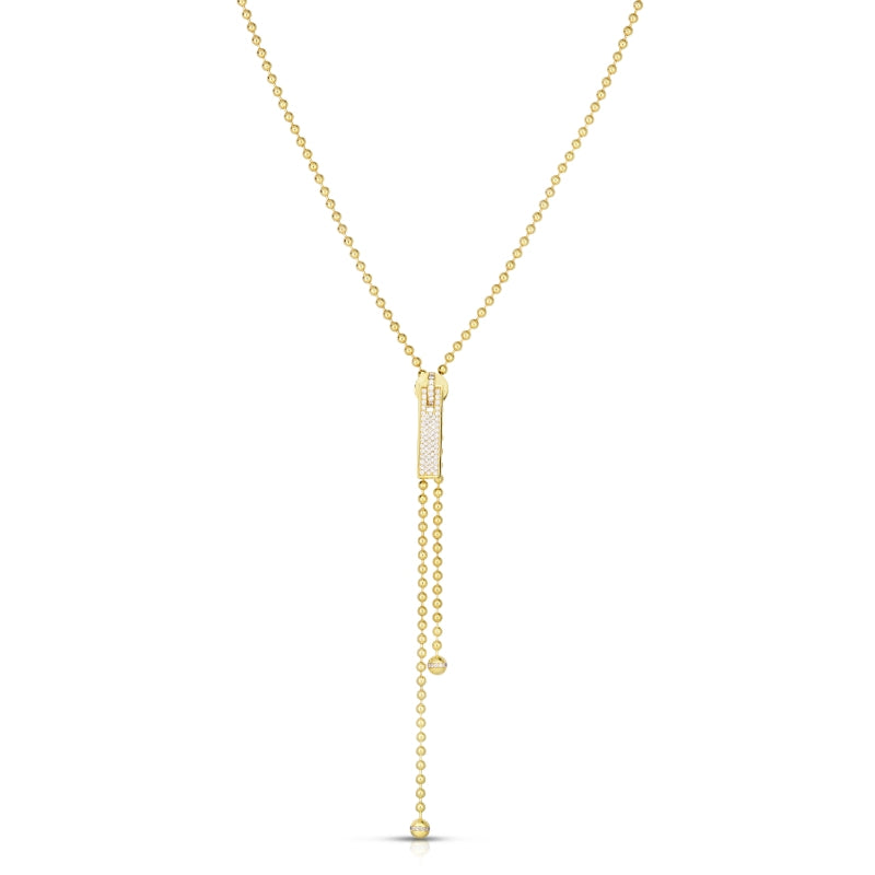 18K YELLOW GOLD TASSEL PAVE DIAMOND ACCENT ZIPPER PULL LONG NECKLACE