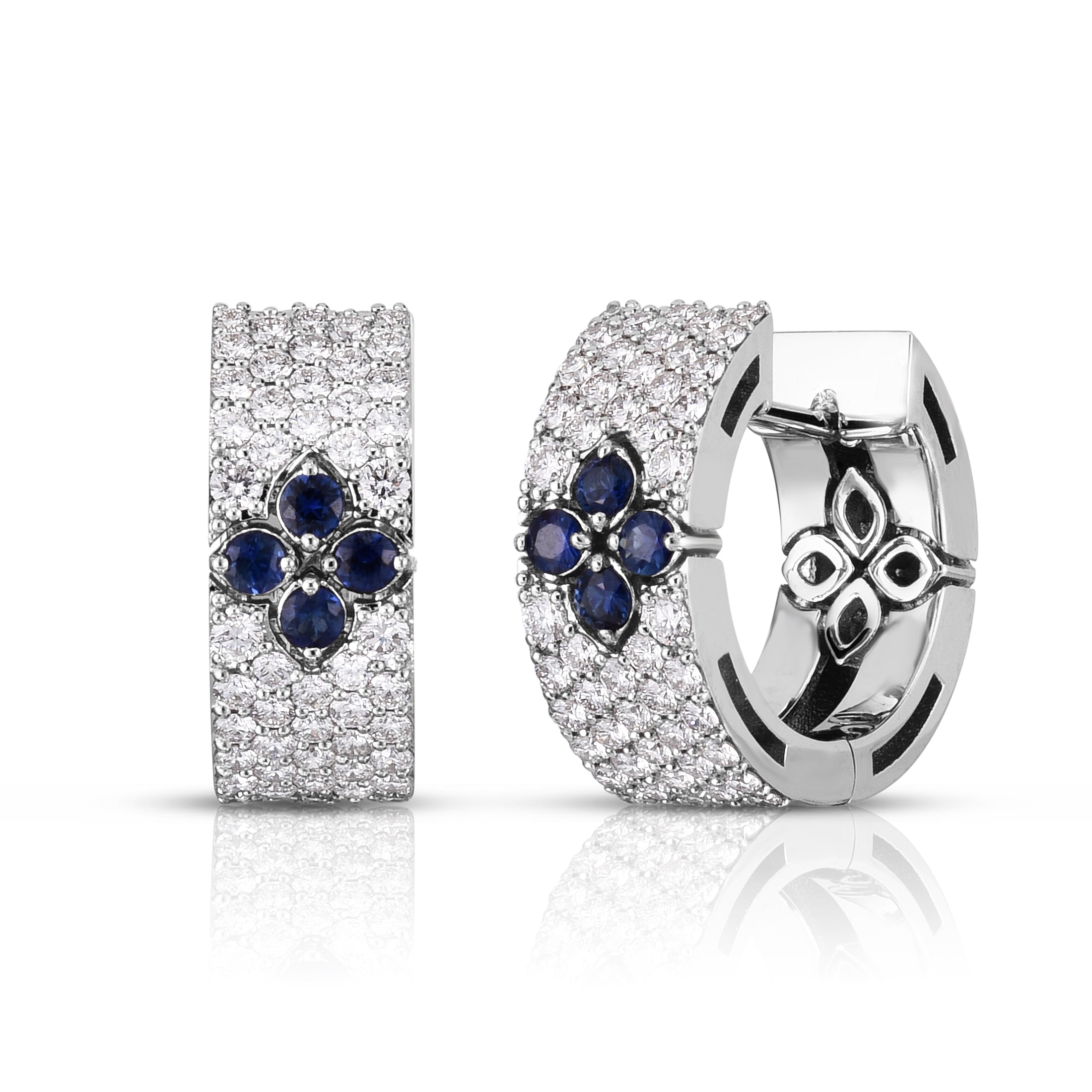 18K WHITE GOLD LOVE IN VERONA PAVE DIAMOND & BLUE SAPPHIRE SMALL HOOP EARRINGS
