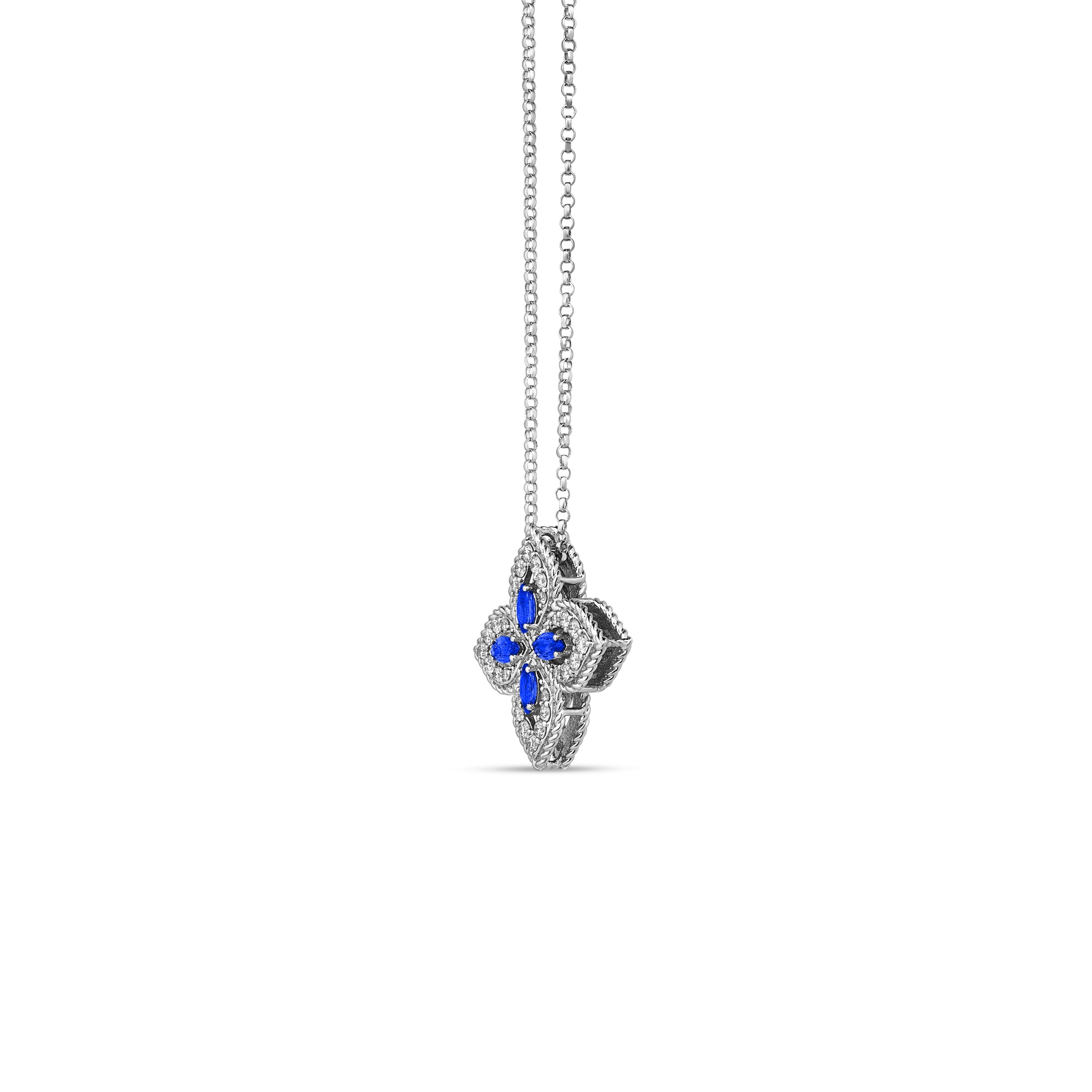 18K WHITE GOLD PRINCESS FLOWER PAVE DIAMOND AND BLUE SAPPHIRE NECKLACE