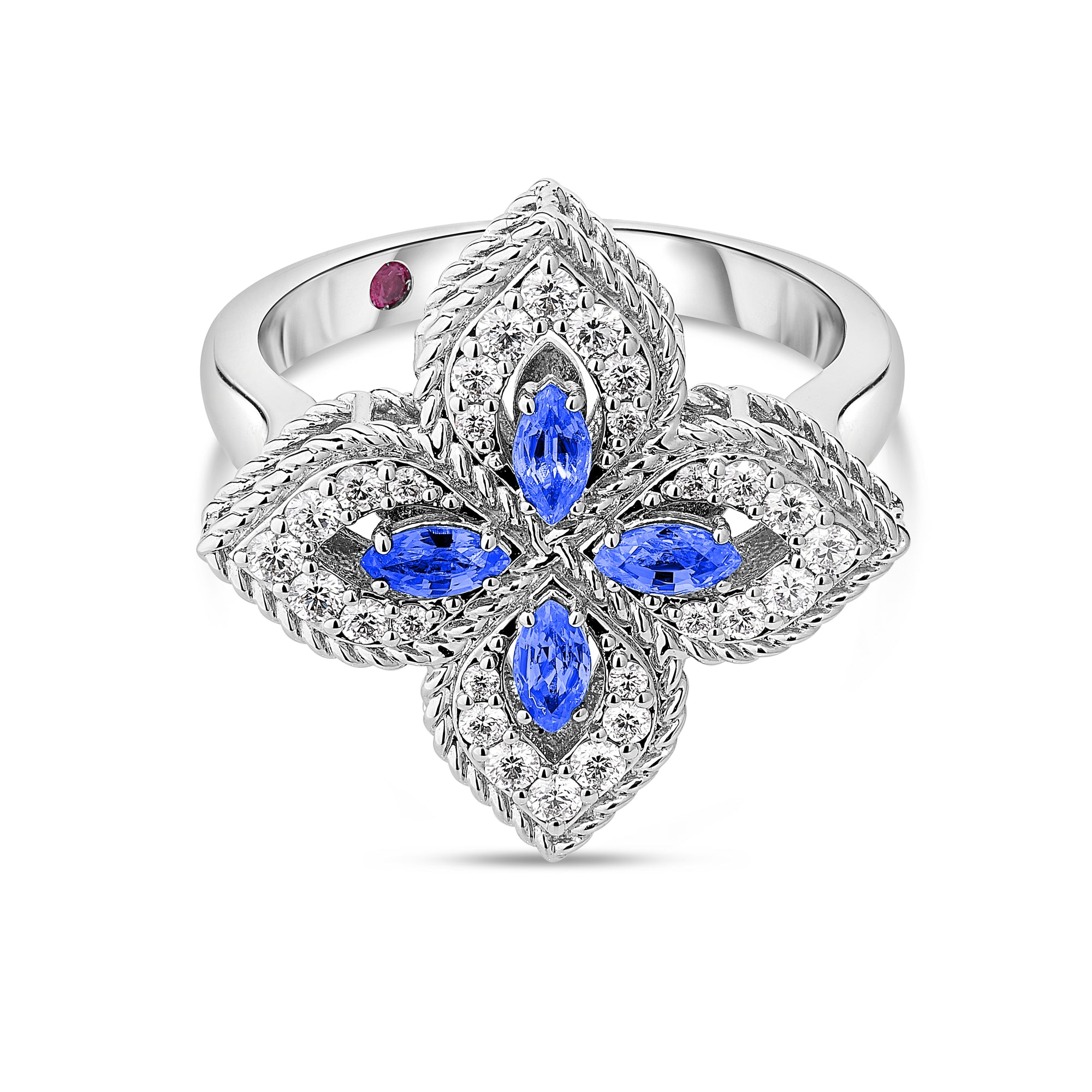 18K WHITE GOLD PRINCESS FLOWER PAVE DIAMOND AND BLUE SAPPHIRE RING