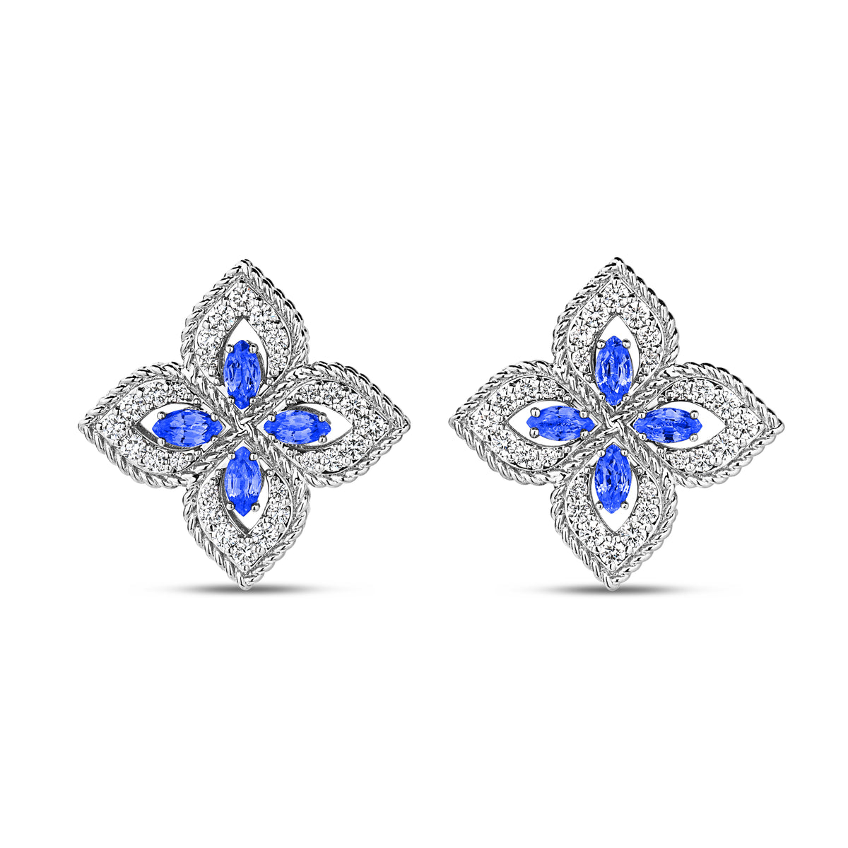 18K WHITE GOLD PRINCESS FLOWER PAVE DIAMOND AND BLUE SAPPHIRE STUD EARRINGS