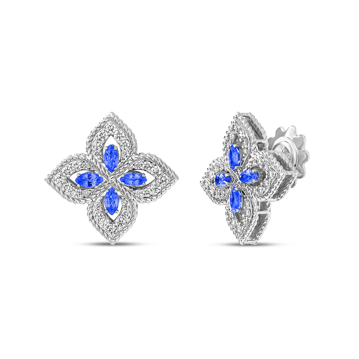 18K WHITE GOLD PRINCESS FLOWER PAVE DIAMOND AND BLUE SAPPHIRE STUD EARRINGS