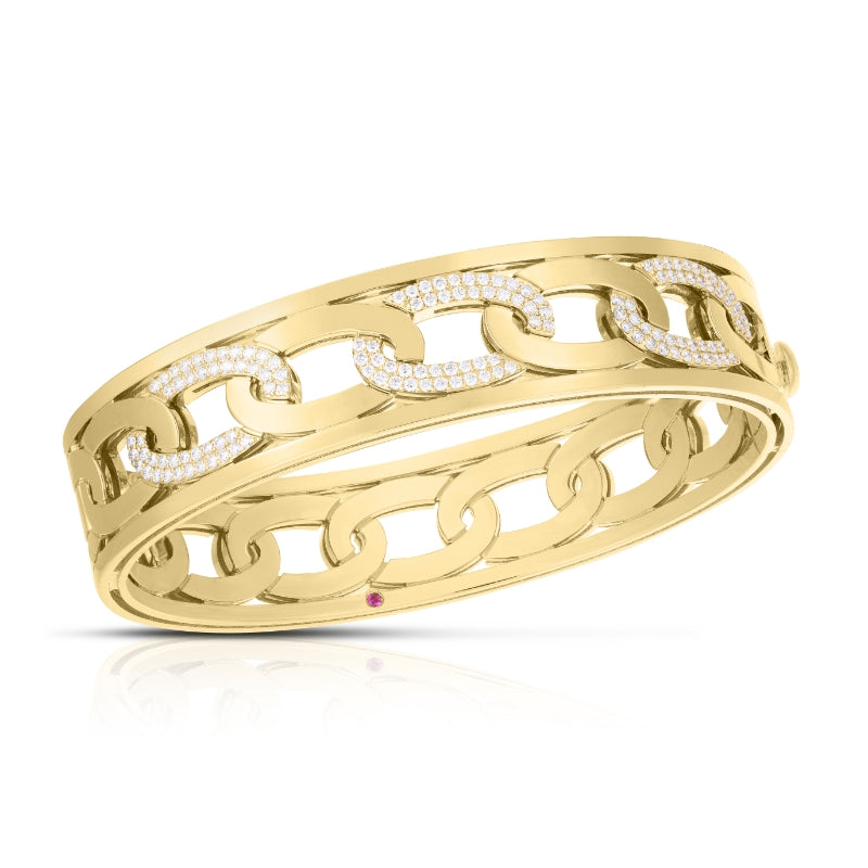 18K YELLOW GOLD NAVARRA ALTERNATING DIAMOND LINK WIDE BANGLE