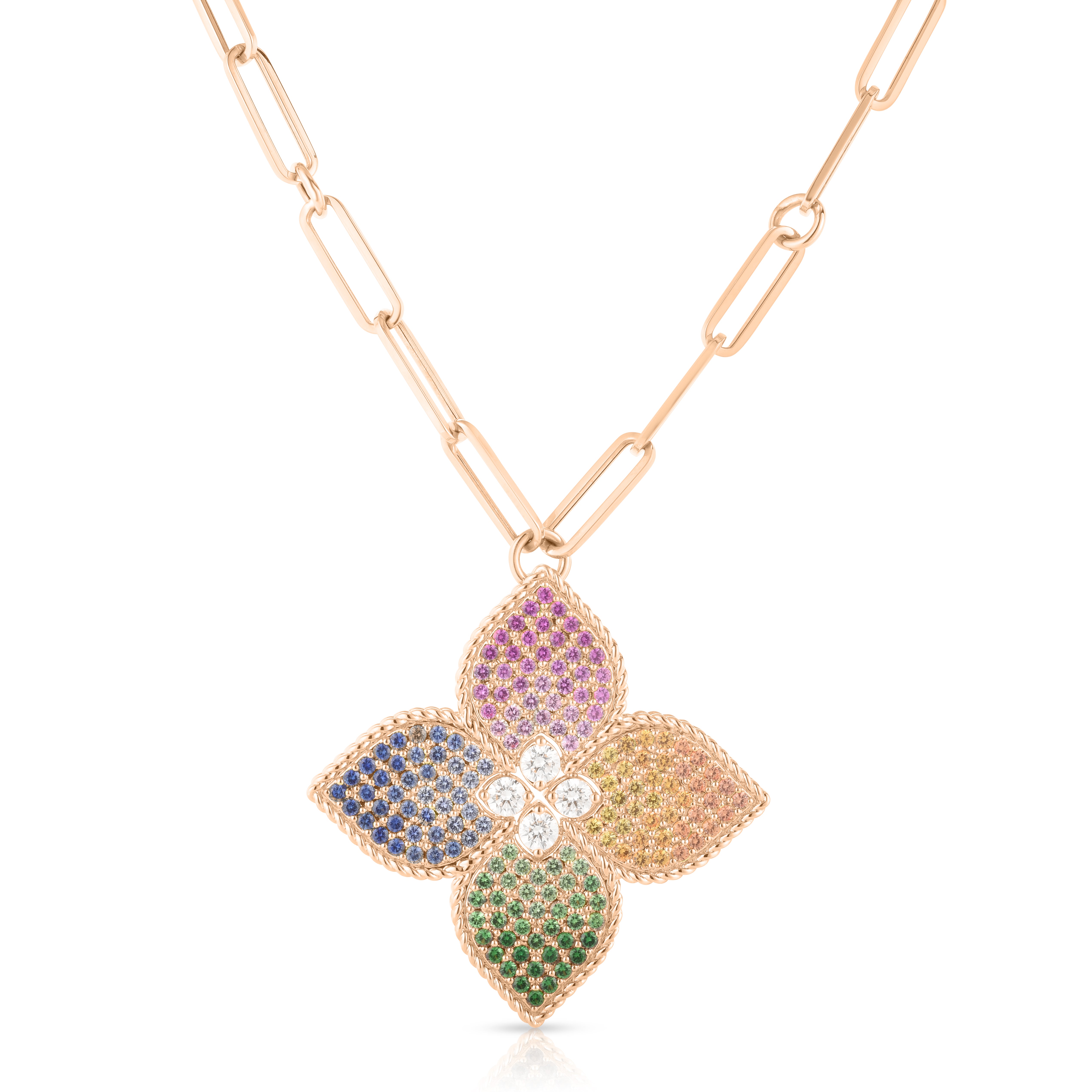 18K ROSE GOLD VENETIAN PRINCESS DIAMOND & MIXED SAPPHIRE FLOWER LONG NECKLACE