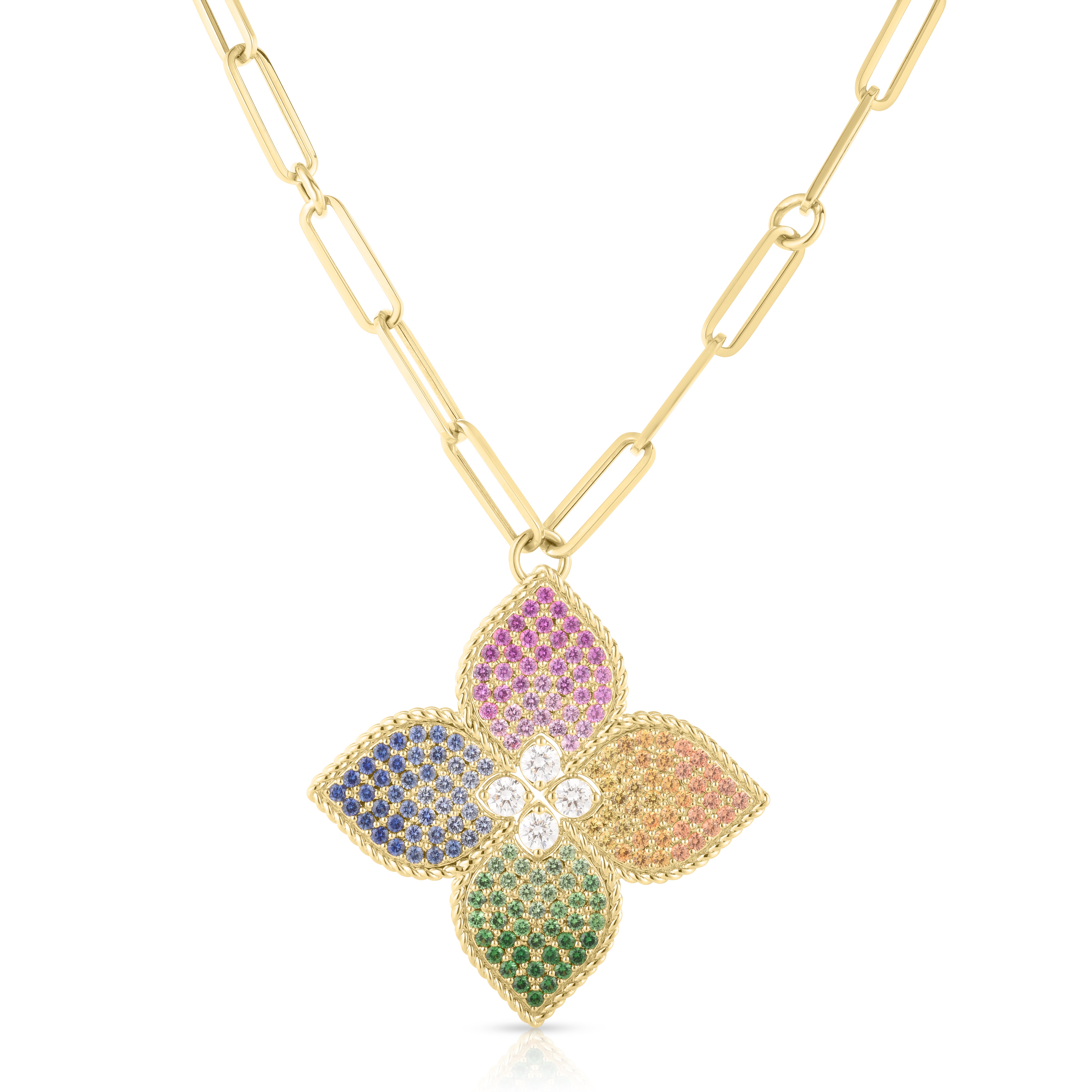 18K YELLOW GOLD VENETIAN PRINCESS DIAMOND & MIXED SAPPHIRE FLOWER LONG NECKLACE