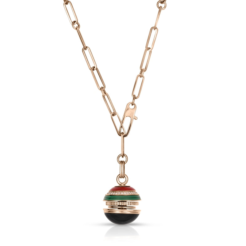 18K ROSE GOLD ART DECO MOSAIC DIAMOND, BLACK JADE, MALACHITE, & RED CORAL SPHERE NECKLACE
