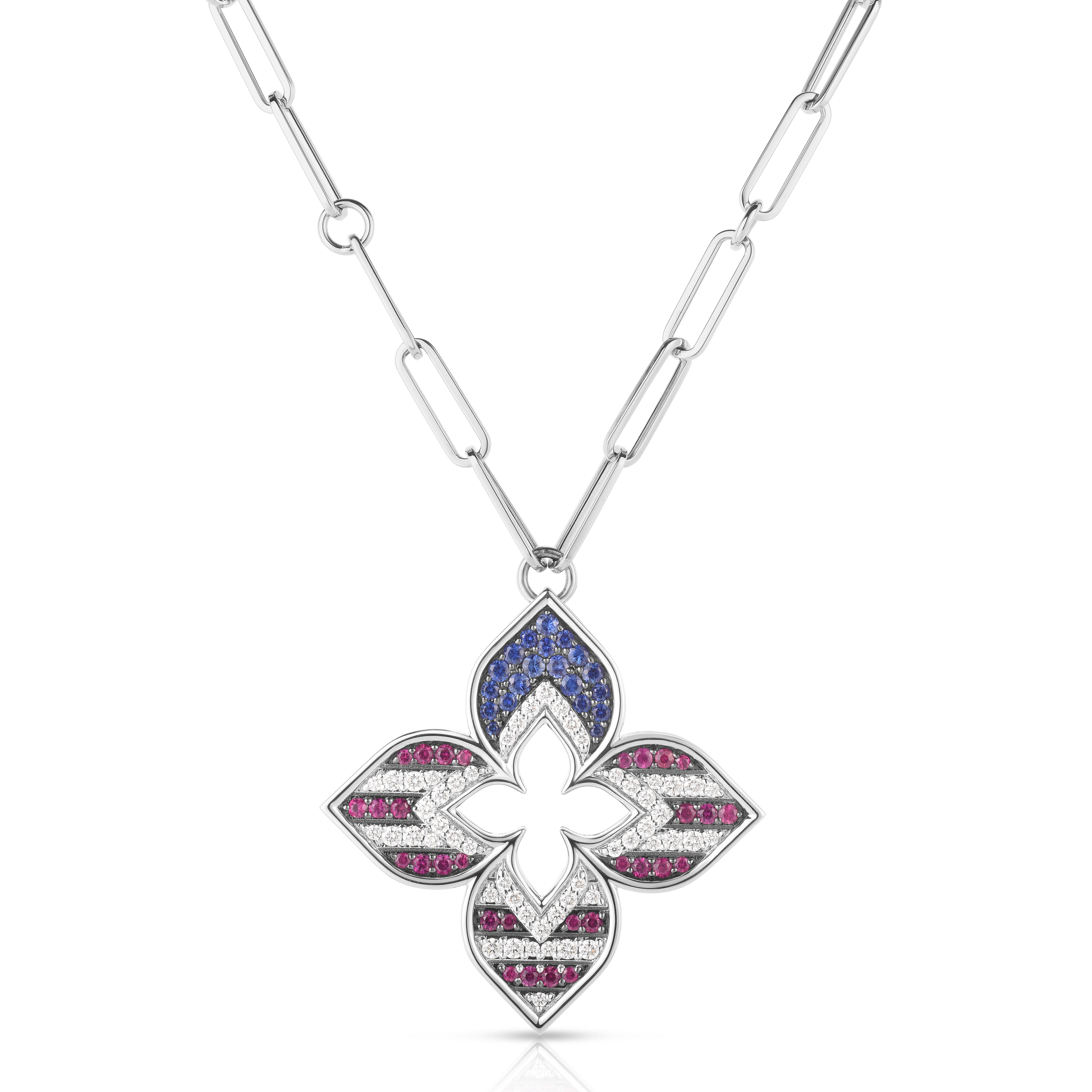 18K WHITE GOLD VENETIAN PRINCESS AMERICAN FLAG FLOWER LONG NECKLACE