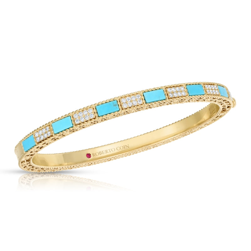 18K YELLOW GOLD ART DECO MOSAIC ALTERNATING DIAMOND & TURQUOISE BANGLE