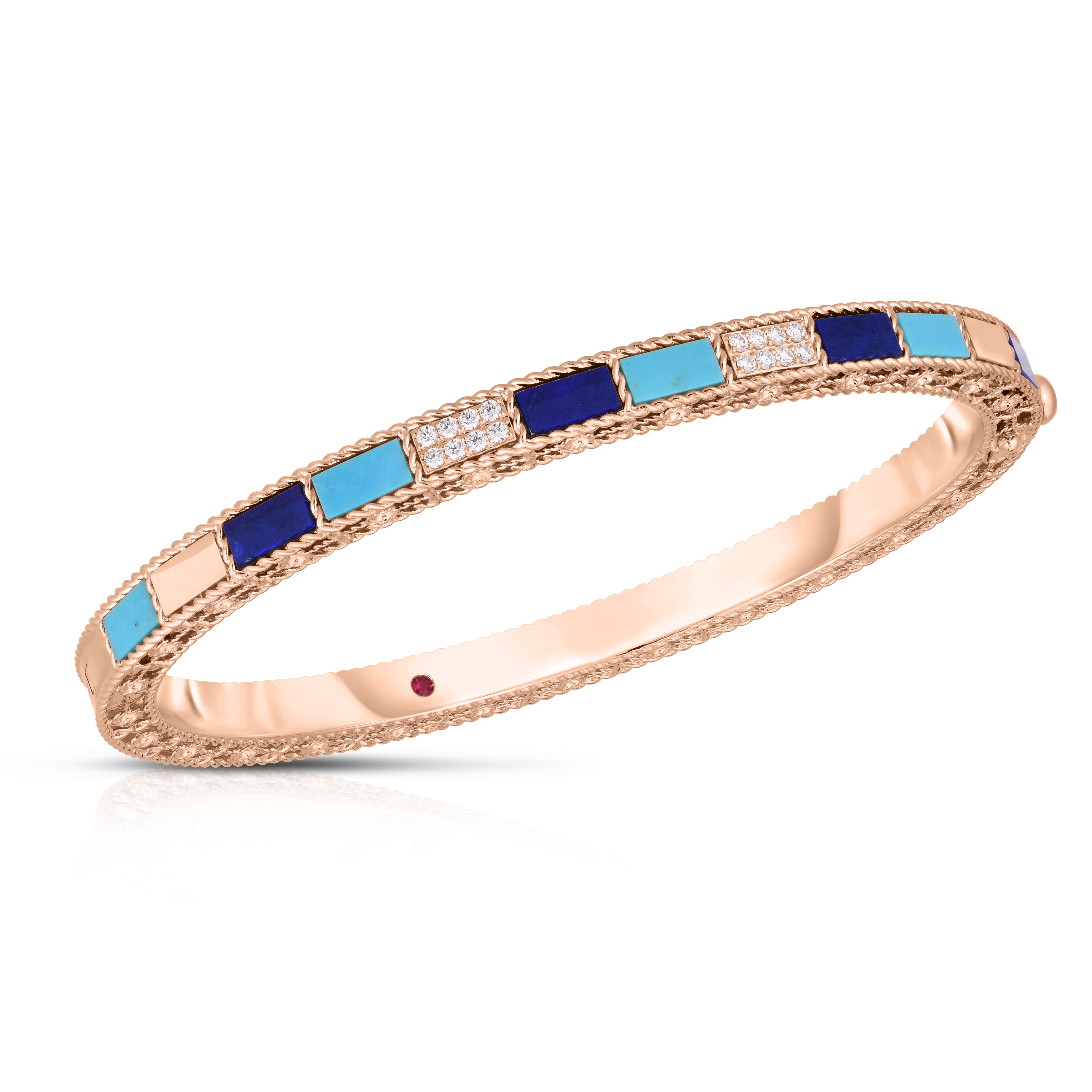 18K ROSE GOLD ART DECO MOSAIC ALTERNATING DIAMOND, LAPIS, & TURQUOISE BANGLE