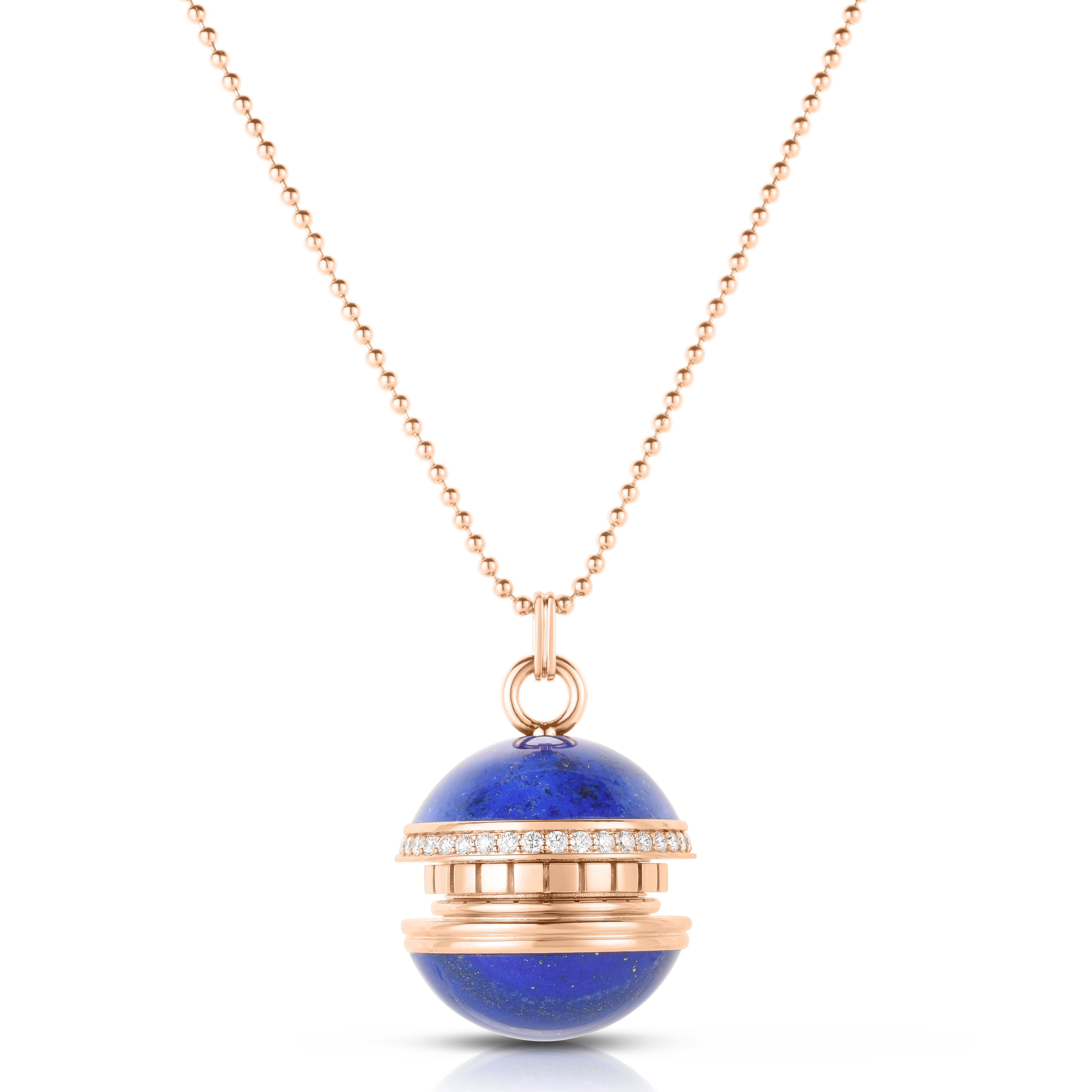 18K ROSE GOLD ART DECO MOSAIC BLUE LAPIS & DIAMOND SPHERE LONG NECKLACE