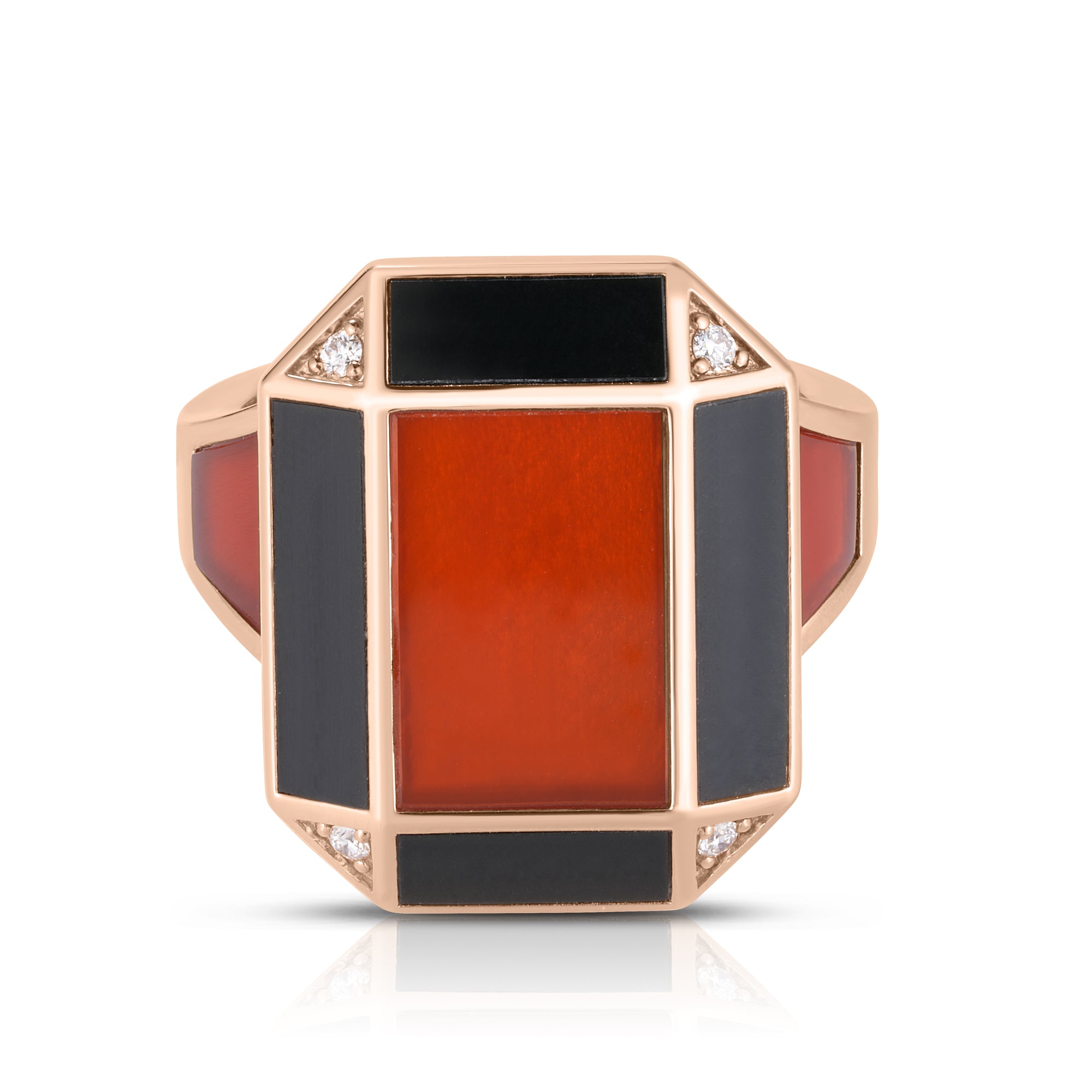 18K ROSE GOLD ART DECO MOSAIC DIAMOND, BLACK JADE, & RED AGATE RING