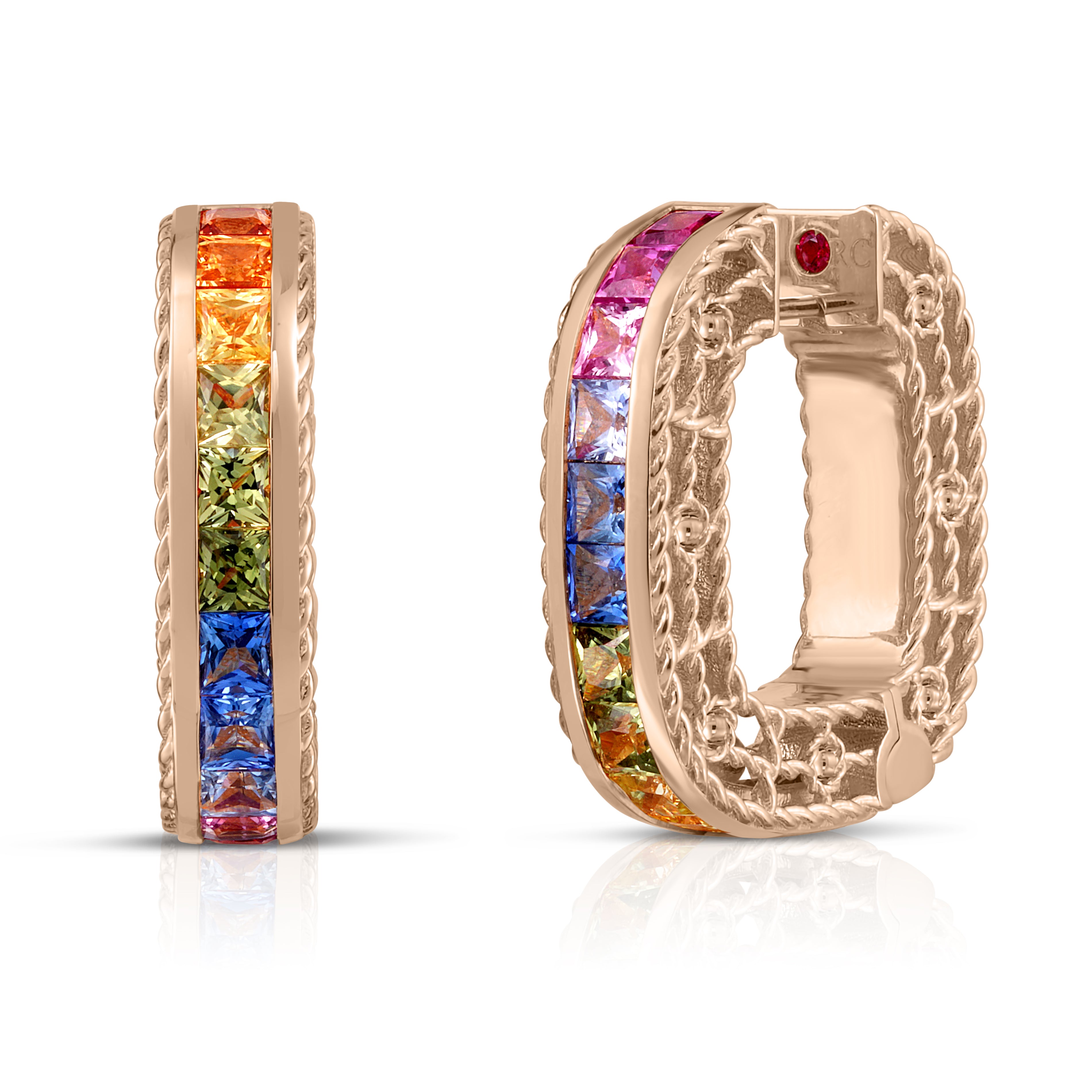 18K ROSE GOLD PRINCESS MULTI SAPPHIRE SQUARE HOOP EARRINGS
