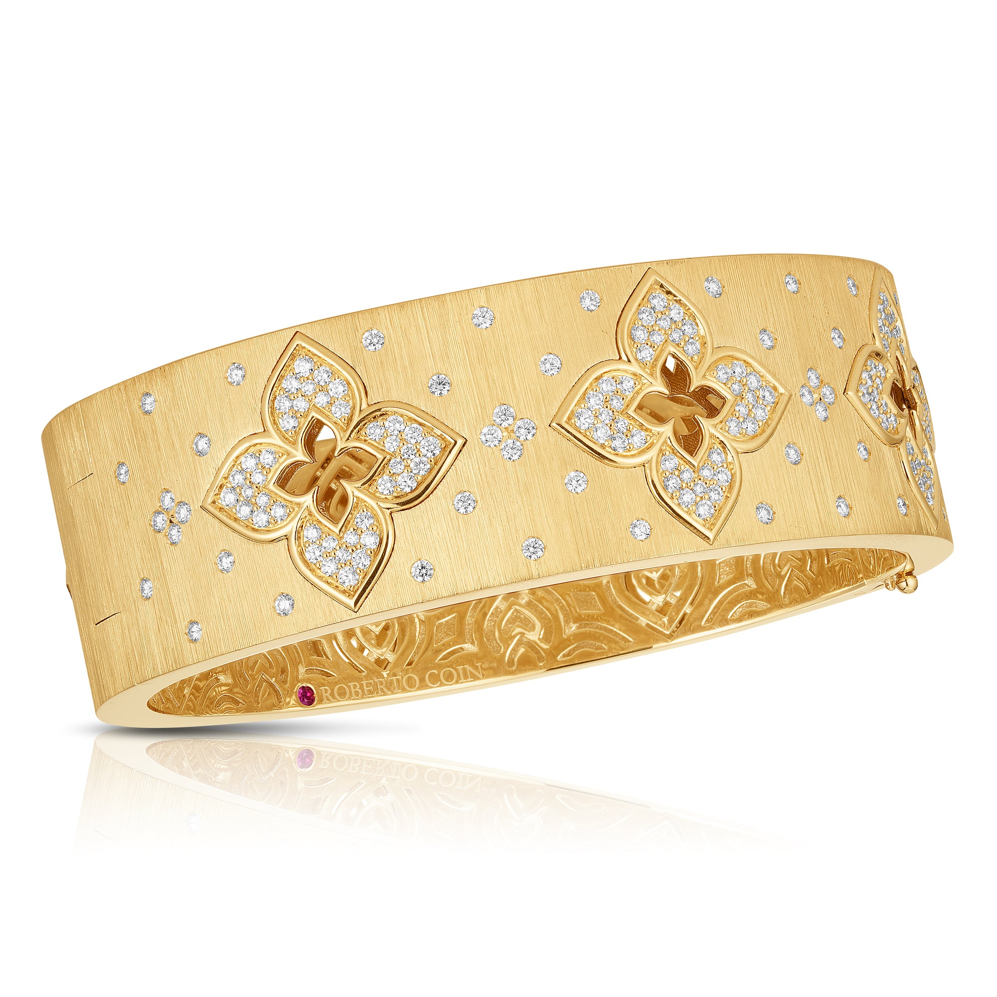 18K YELLOW GOLD VENETIAN PRINCESS DIAMOND & SATIN FINISH FLOWER WIDE BANGLE