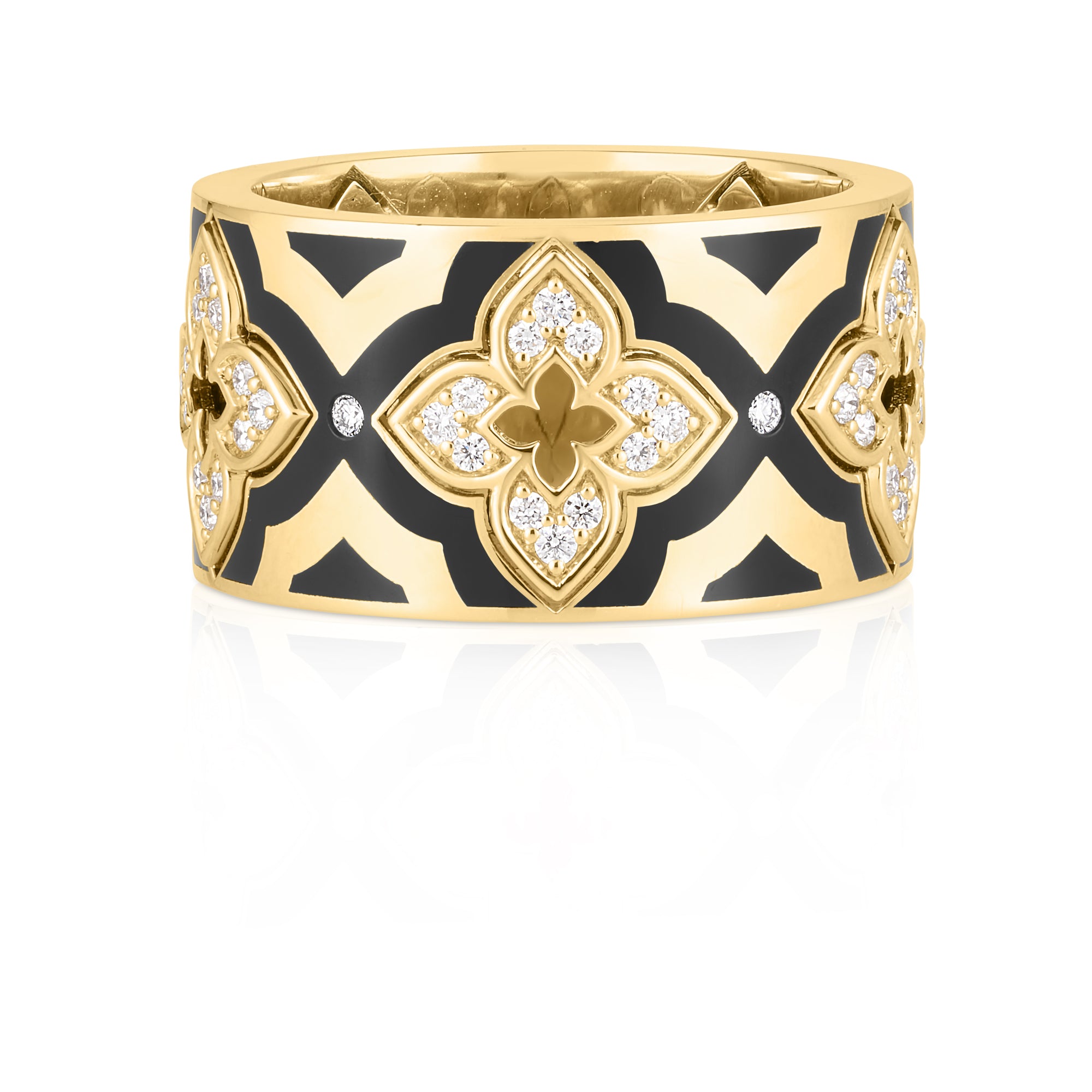18K YELLOW GOLD VENTIAN PRINCESS DIAMOND & BLACK ENAMEL FLOWER RING