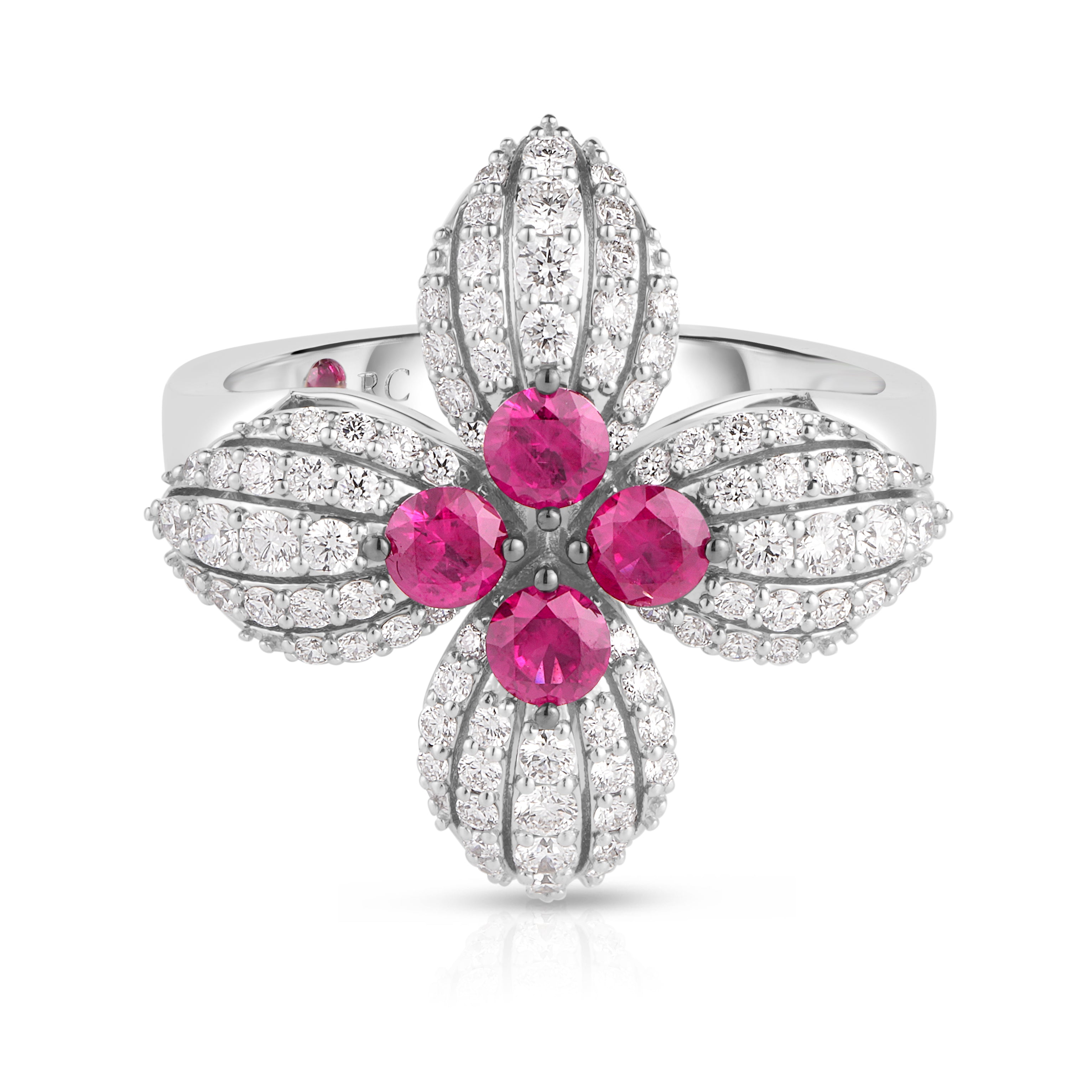 18K WHITE GOLD LOVE IN VERONA DIAMOND & RUBY FLOWER RING
