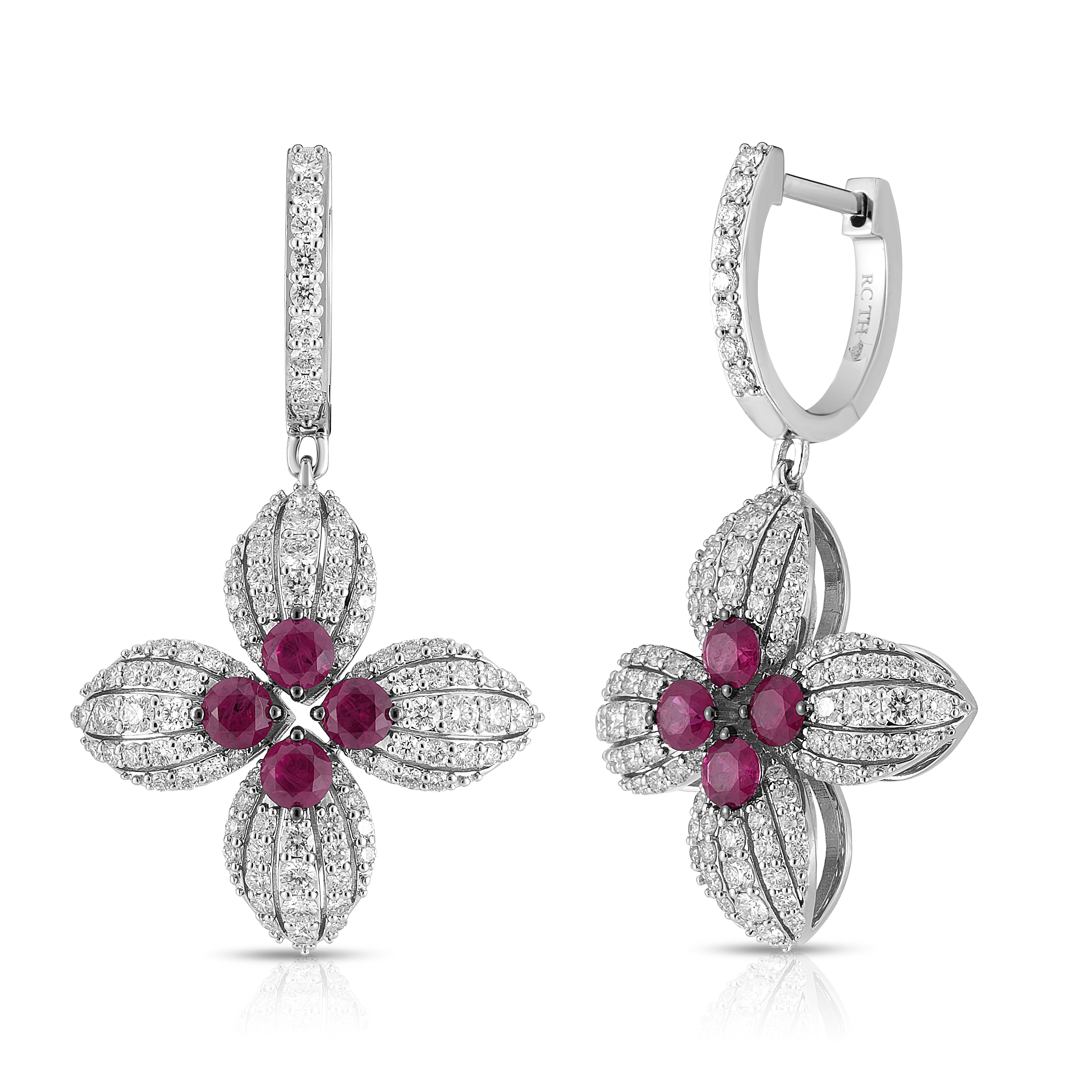 18K WHITE GOLD LOVE IN VERONA DIAMOND & RUBY FLOWER EARRINGS