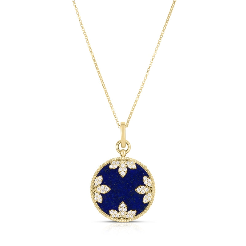 18K YELLOW GOLD VENETIAN MEDALLIONS LARGE DIAMOND AND LAPIS NECKLACE