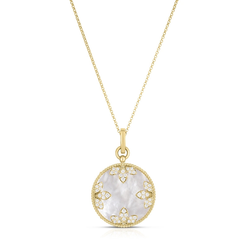 18K YELLOW GOLD VENETIAN MEDALLIONS LARGE DIAMOND AND MOTHER OF PEARL NECKLACE