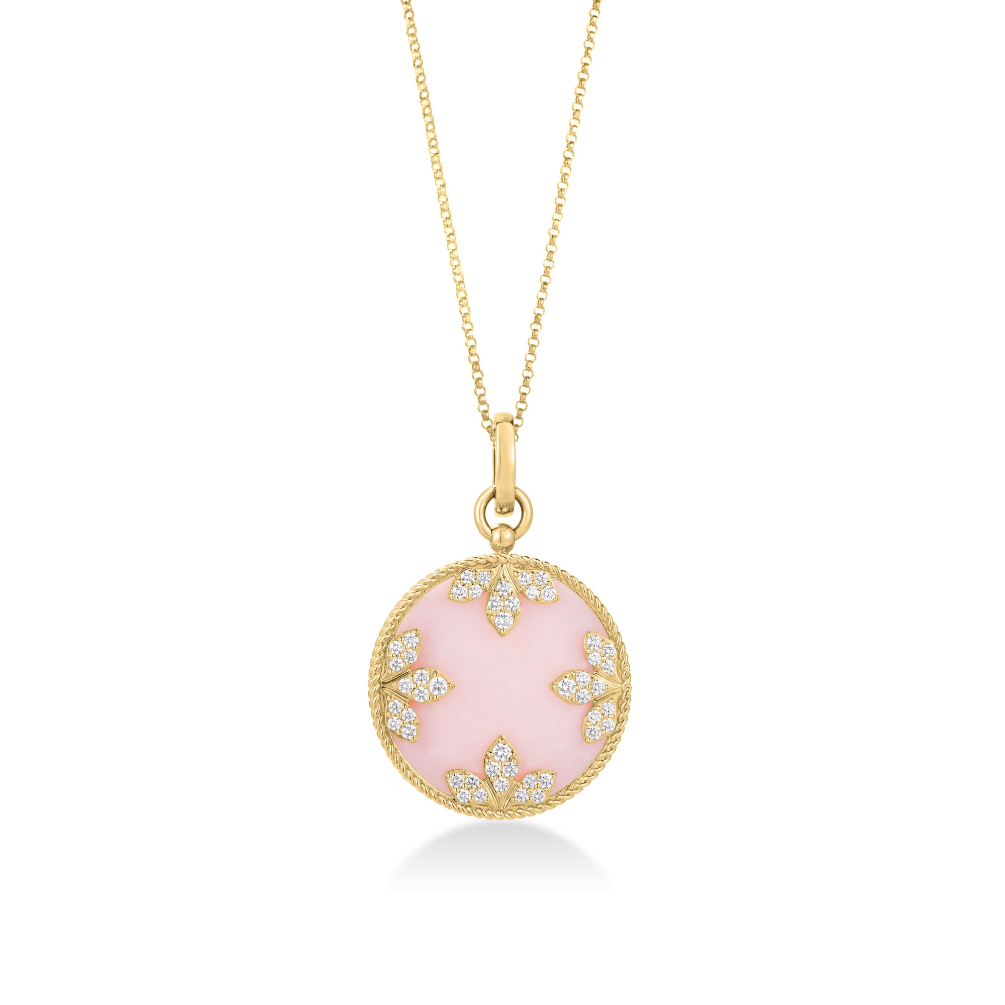 18K YELLOW GOLD VENETIAN MEDALLIONS LARGE DIAMOND AND PINK OPAL NECKLACE