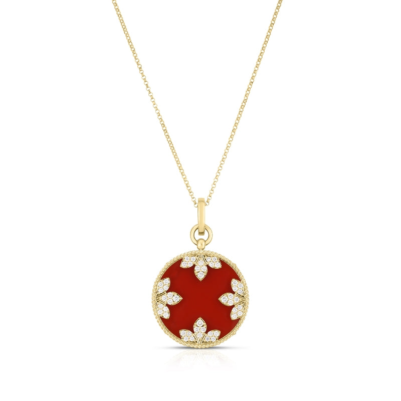 18K YELLOW GOLD VENETIAN MEDALLIONS LARGE DIAMOND AND RED AGATE NECKLACE