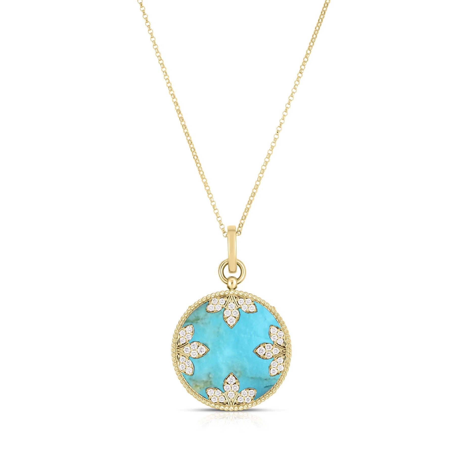 18K YELLOW GOLD VENETIAN MEDALLIONS LARGE DIAMOND AND TURQUOISE NECKLACE