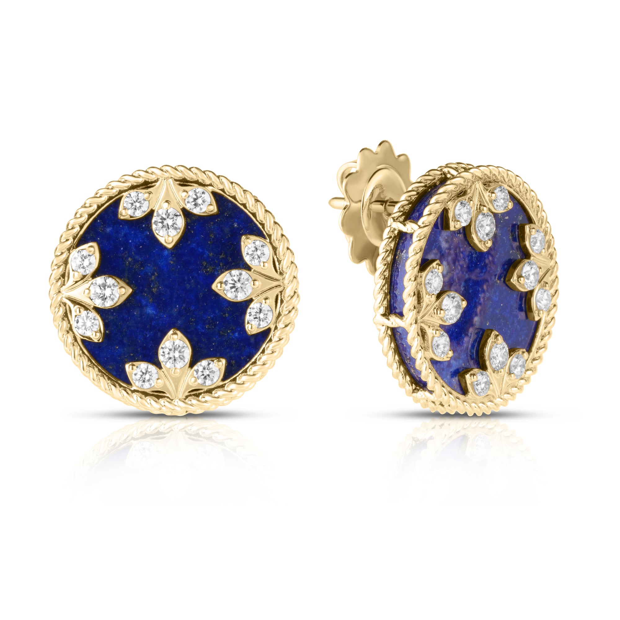18K YELLOW GOLD VENETIAN MEDALLIONS MEDIUM DIAMOND AND LAPIS STUD EARRINGS