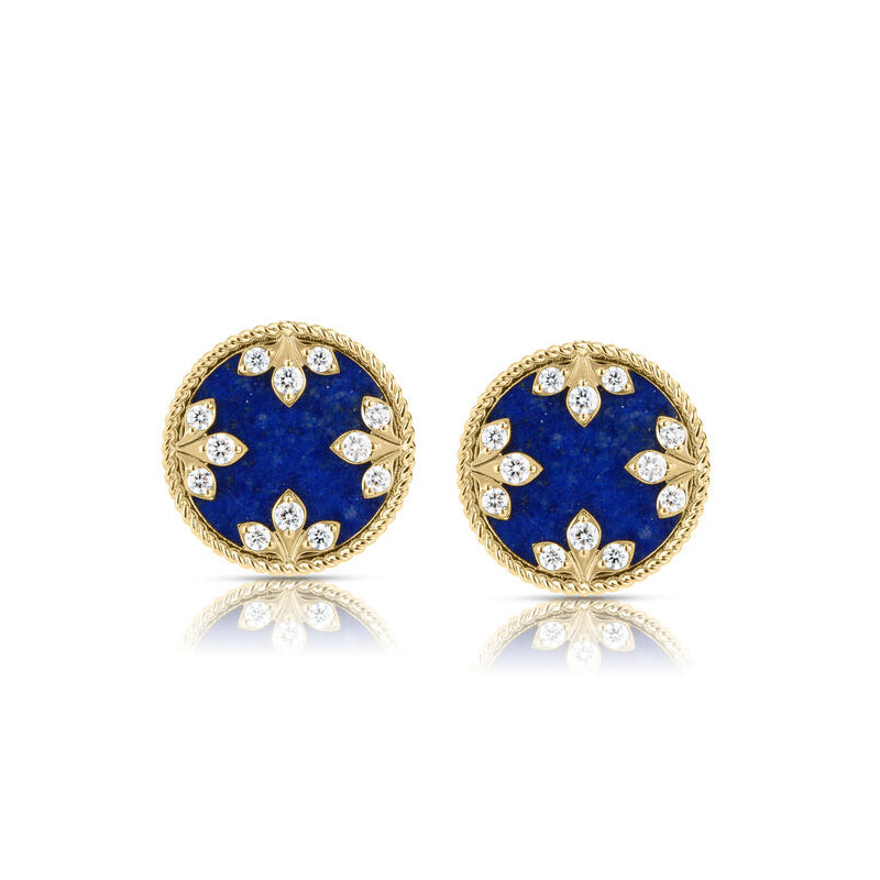 18K YELLOW GOLD VENETIAN MEDALLIONS SMALL DIAMOND AND LAPIS STUD EARRINGS