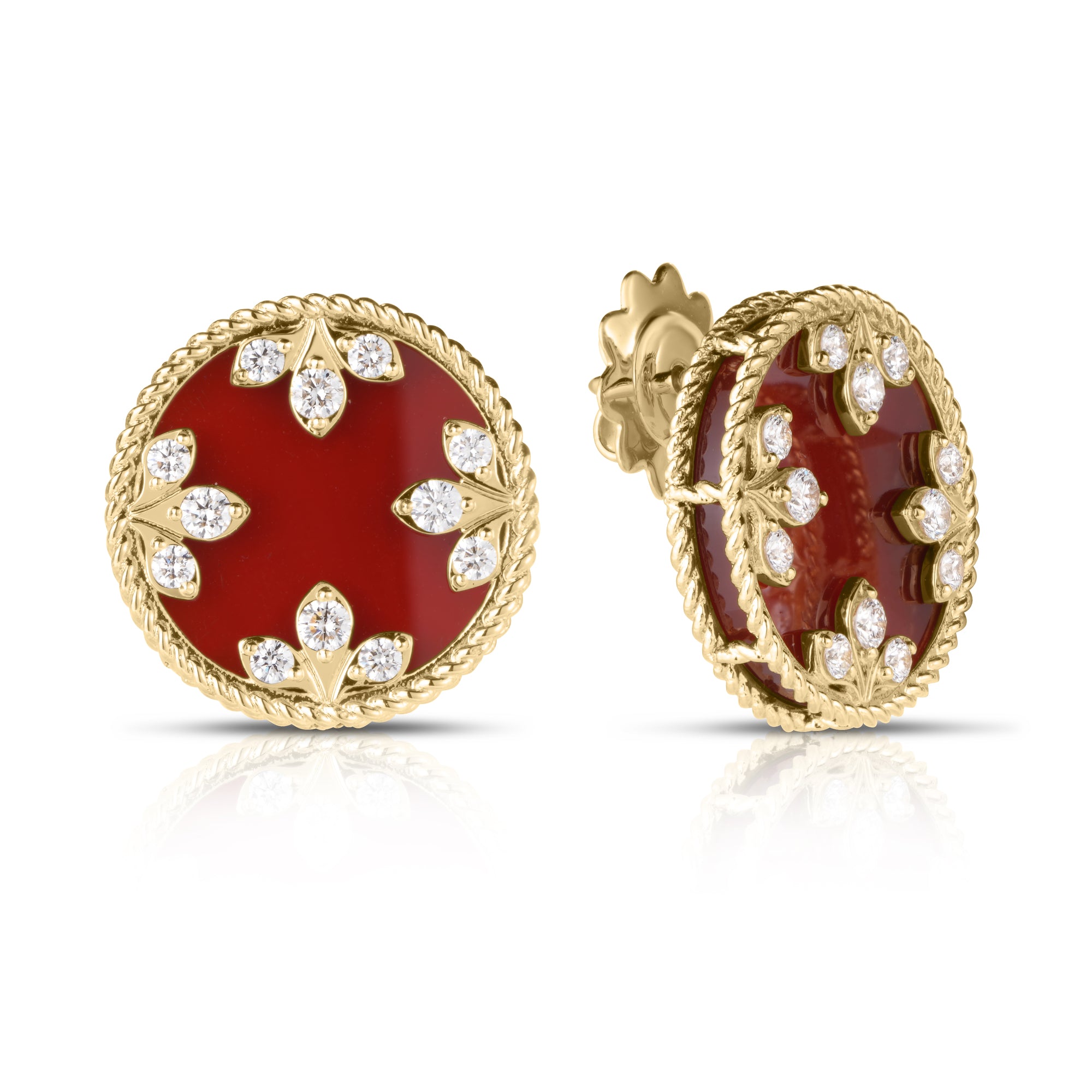 18K YELLOW GOLD VENETIAN MEDALLIONS MEDIUM DIAMOND AND RED AGATE STUD EARRINGS