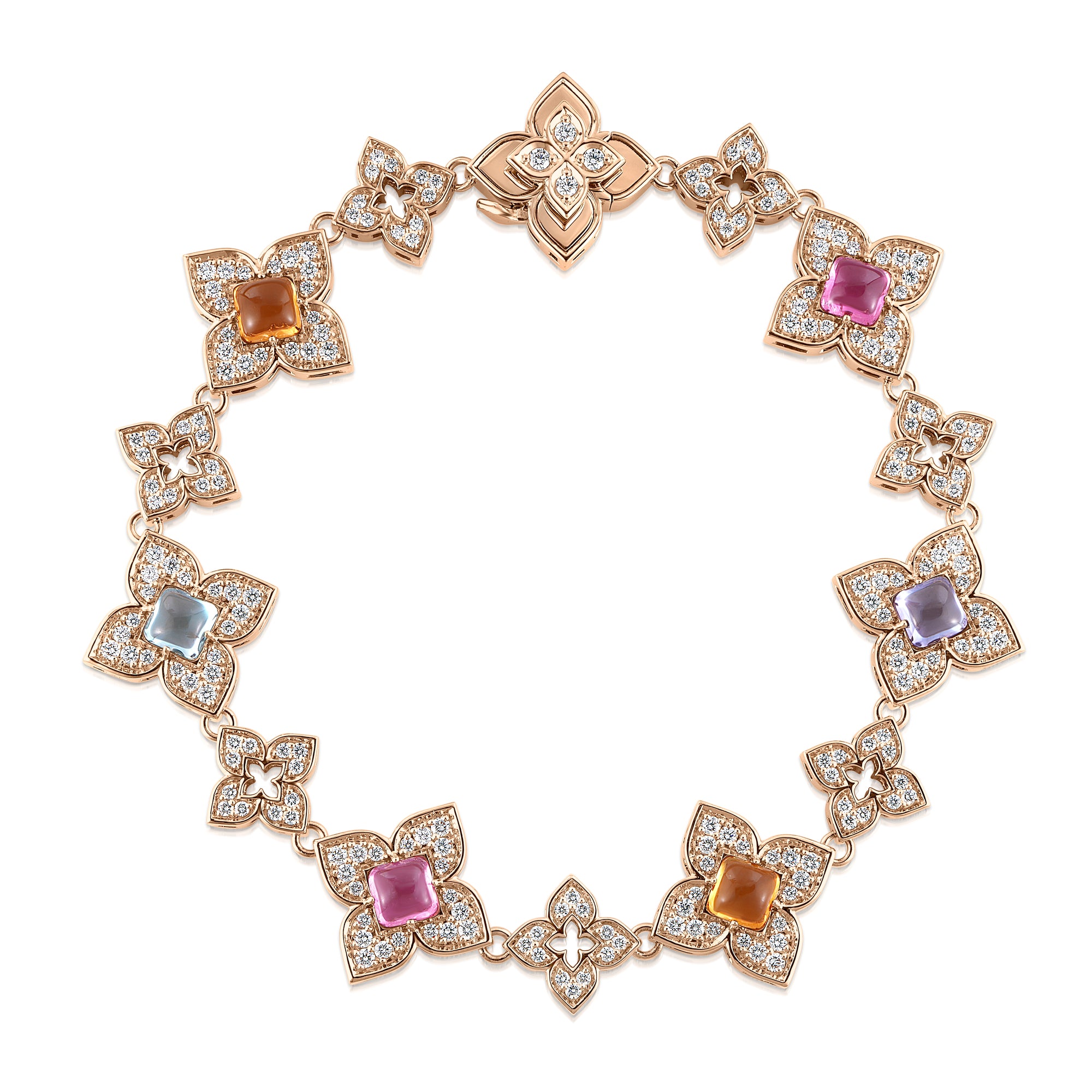 18K ROSE GOLD VENETIAN PRINCESS CARNIVAL PAVE DIAMOND & MIXED STONES (BLUE TOPAZ, CITRINE, RUBELLITE, & TANZANITE) ALTERNATING FLOWER BRACELET