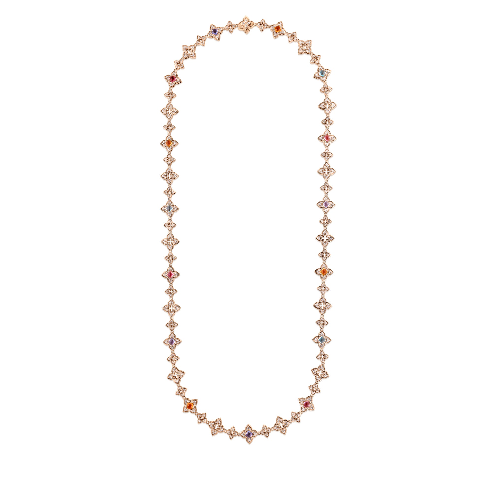 18K ROSE GOLD VENETIAN PRINCESS CARNIVAL PAVE DIAMOND & MIXED STONES (BLUE TOPAZ, CITRINE, RUBELLITE, & TANZANITE) ALTERNATING FLOWER LONG NECKLACE