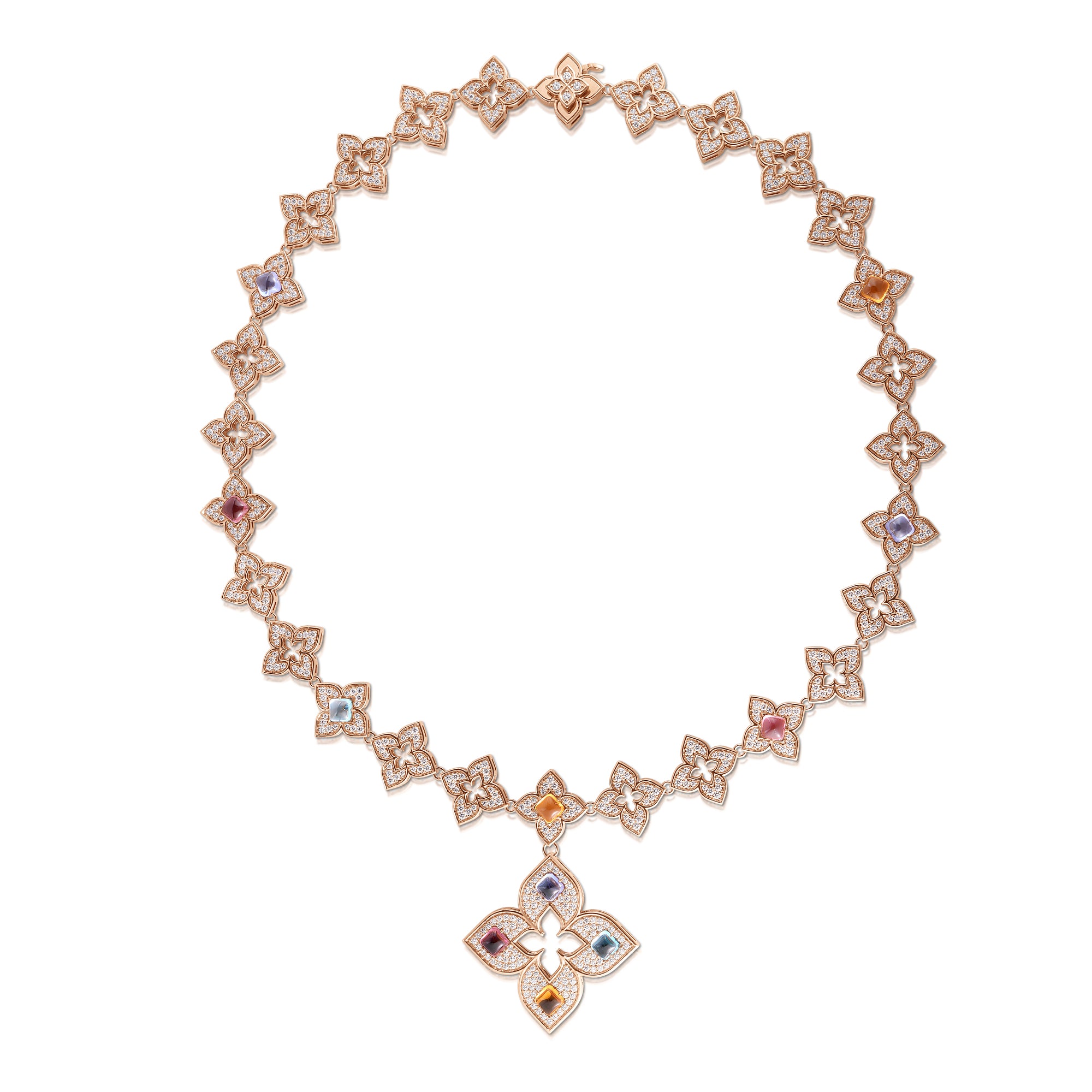 18K ROSE GOLD VENETIAN PRINCESS CARNIVAL DIAMOND AND MIXED STONES (BLUE TOPAZ, CITIRINE,  RUBELLITE, & TANZANITE) FLOWER CHAIN AND PENDANT NECKLACE
