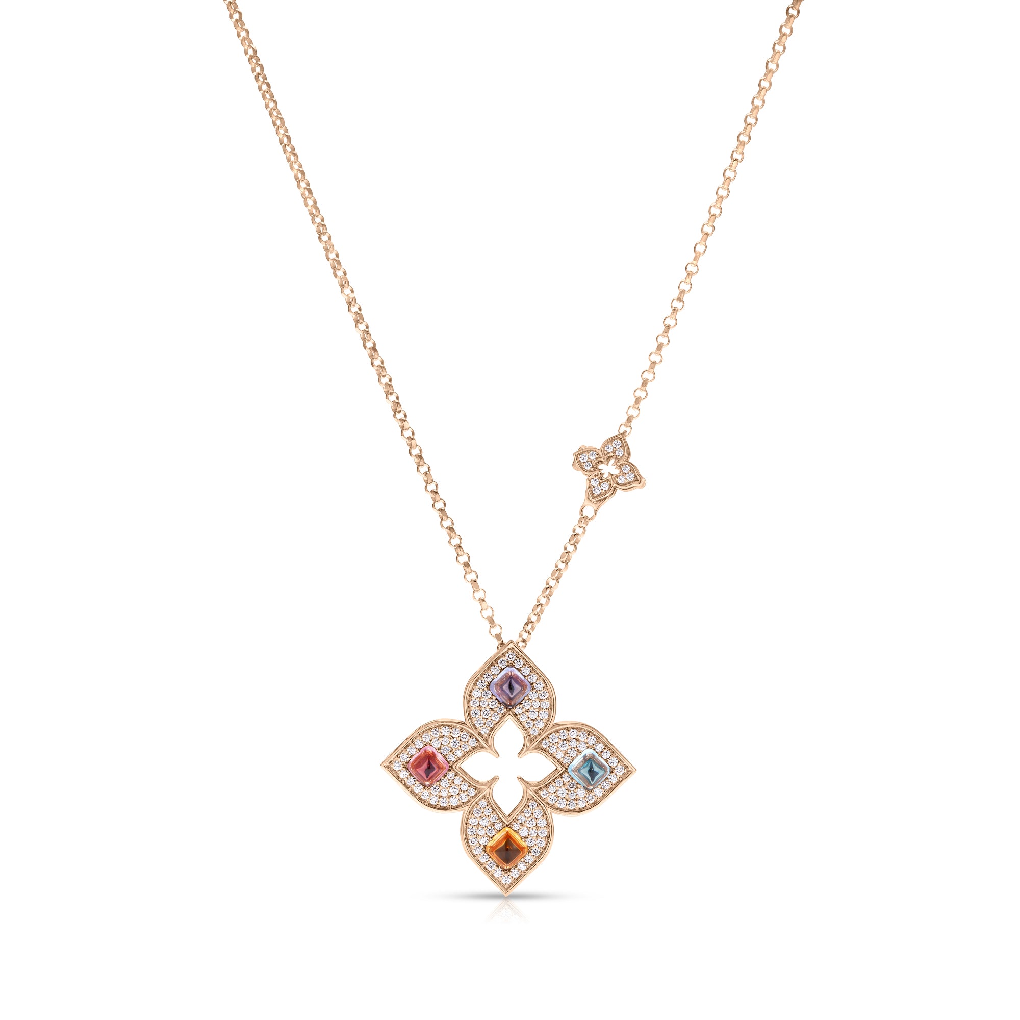 18K ROSE GOLD VENETIAN PRINCESS CARNIVAL PAVE DIAMOND & MIXED STONES (BLUE TOPAZ, CITRINE, RUBELLITE, & TANZANITE) LARGE OPEN FLOWER LONG NECKLACE