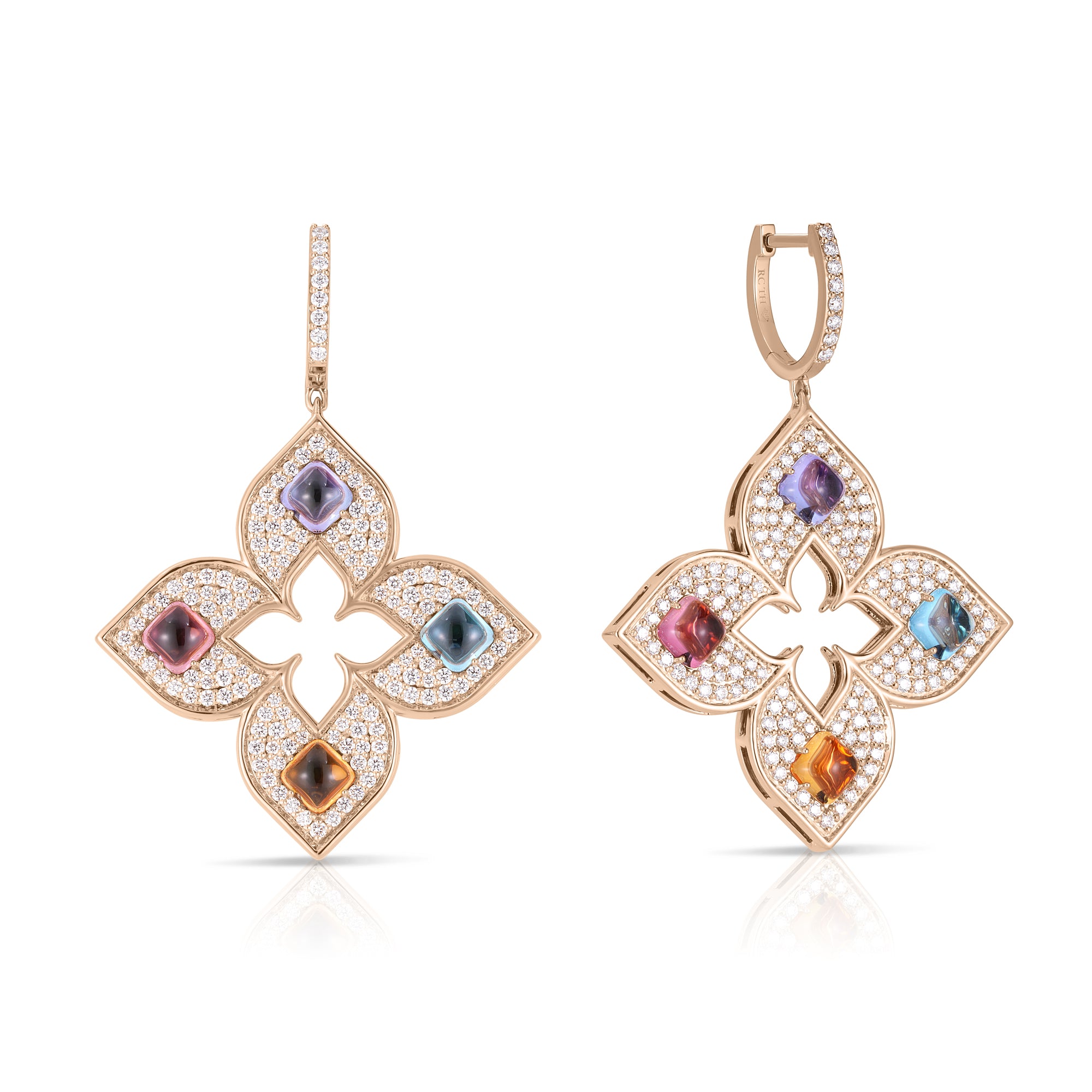 18K ROSE GOLD VENETIAN PRINCESS CARNIVAL PAVE DIAMOND & MIXED STONES (BLUE TOPAZ, CITRINE, RUBELLITE, & TANZANITE) LARGE OPEN FLOWER DROP EARRINGS