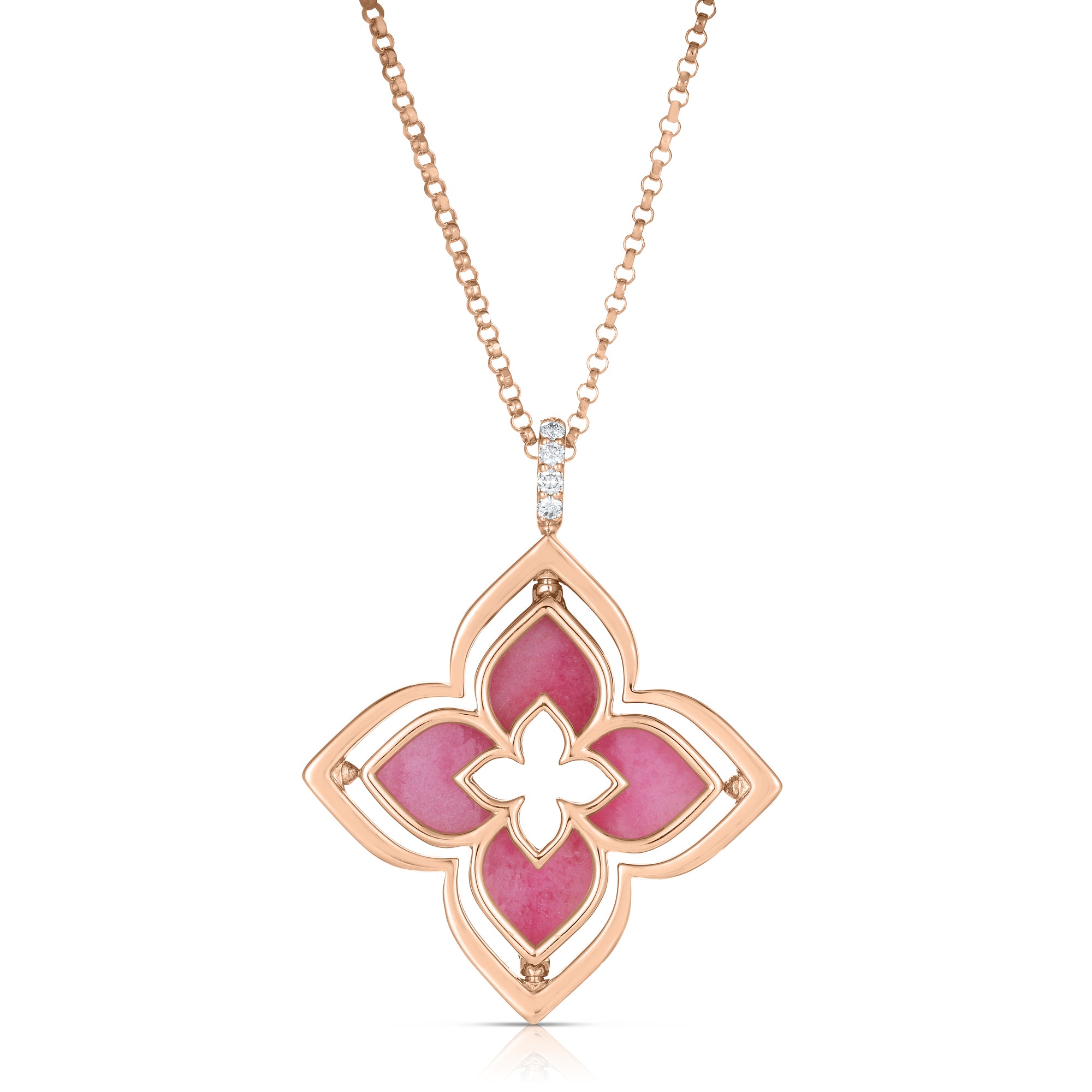 18K ROSE GOLD VENETIAN PRINCESS PIROUETTE DIAMOND & RHODONITE FLOWER NECKLACE