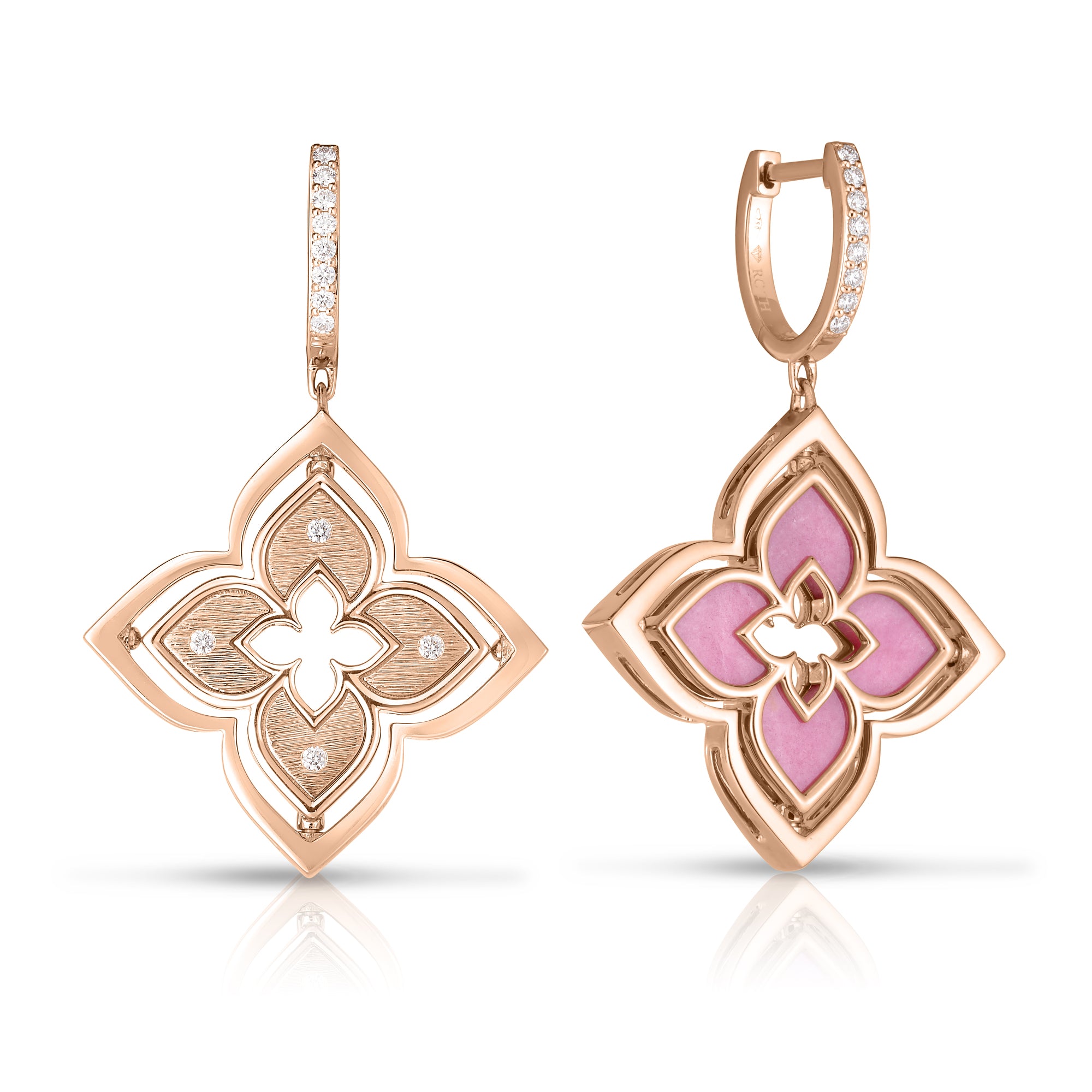 18K ROSE GOLD VENETIAN PRINCESS PIROUETTE DIAMOND & RHODONITE FLOWER DROP EARRINGS