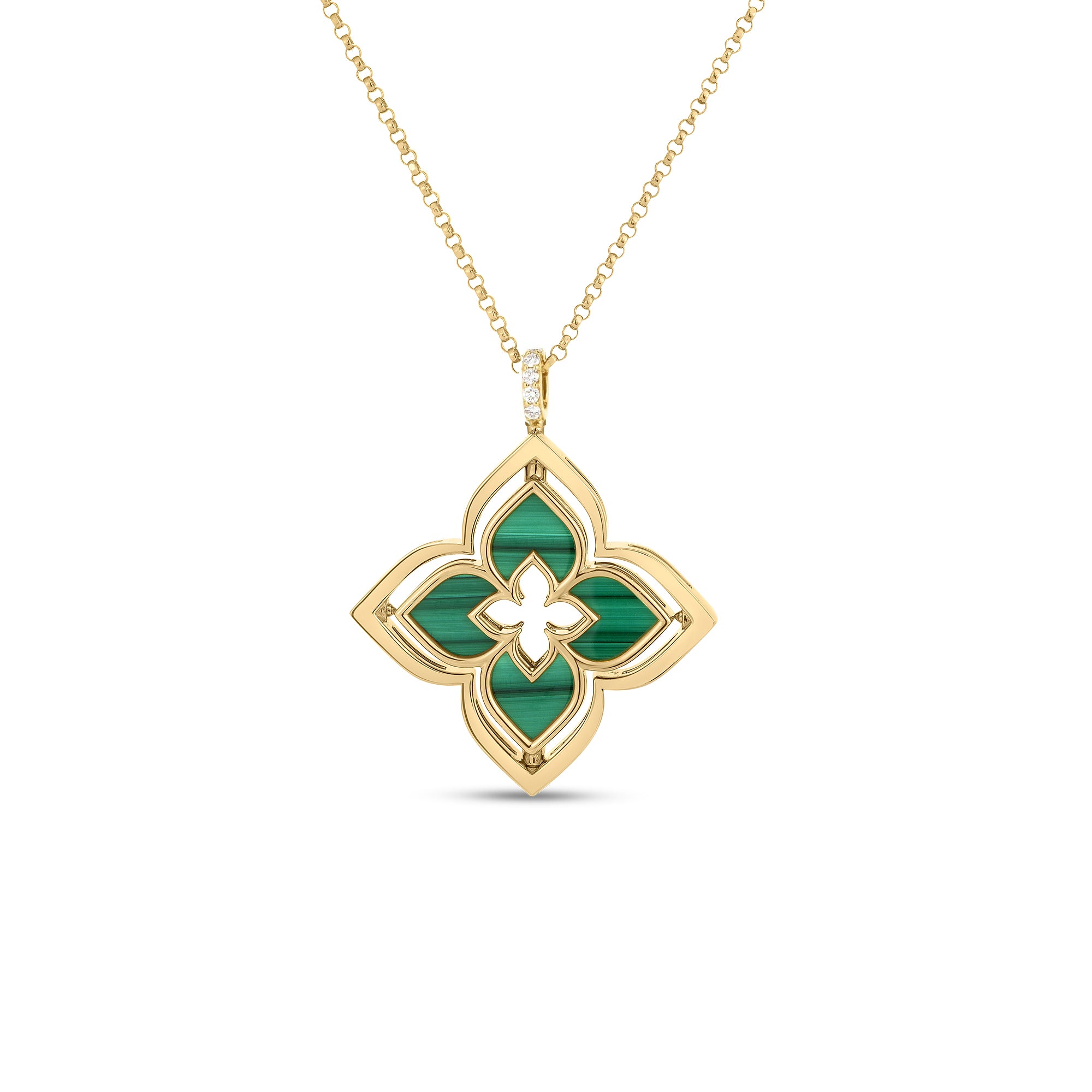 18K YELLOW GOLD VENETIAN PRINCESS PIROUETTE DIAMOND & MALACHITE FLOWER NECKLACE