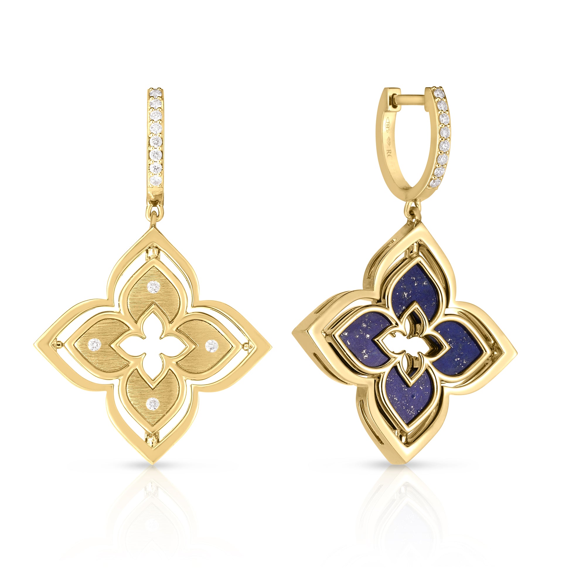 18K YELLOW GOLD VENETIAN PRINCESS PIROUETTE DIAMOND & LAPIS FLOWER EARRINGS
