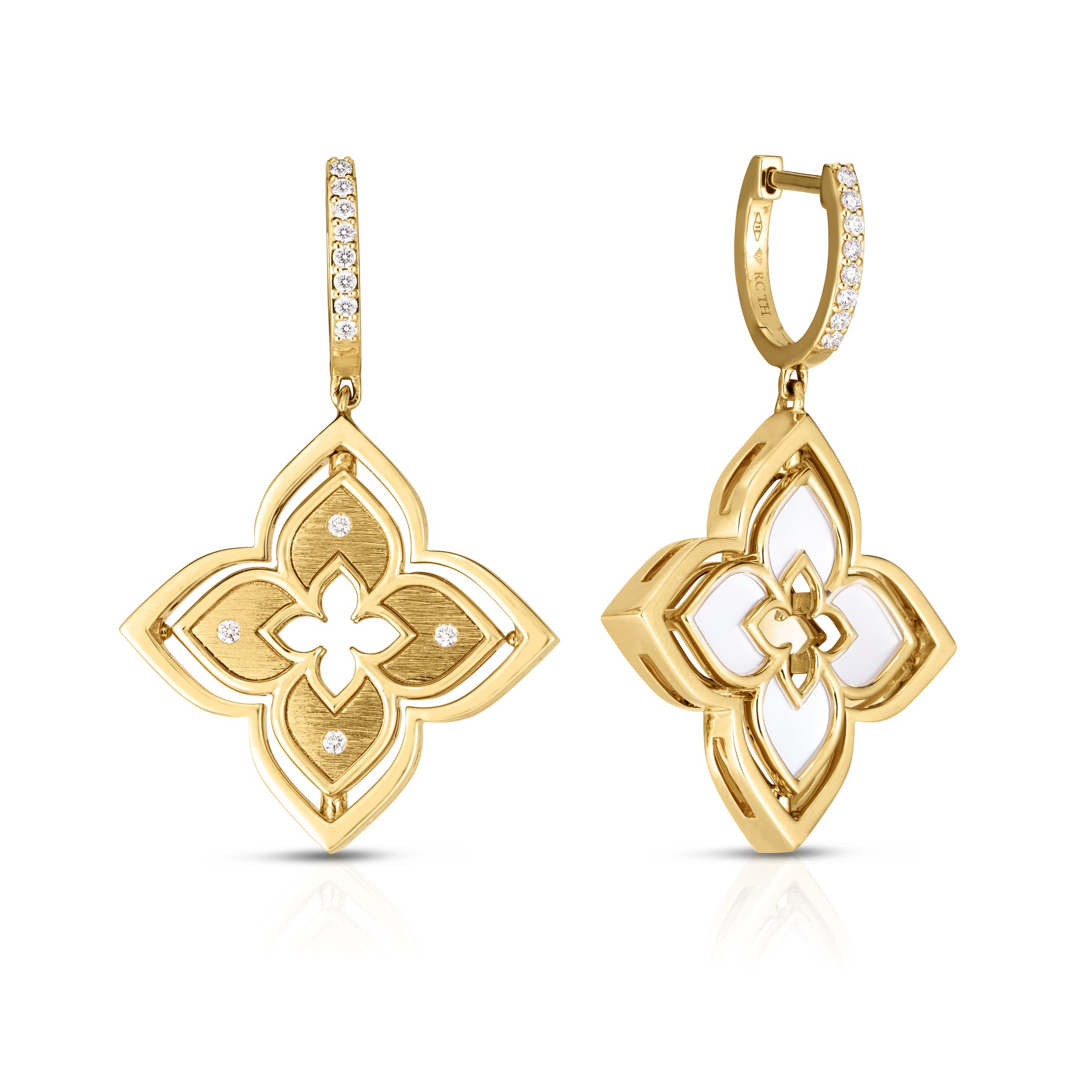 18K YELLOW GOLD VENETIAN PRINCESS PIROUETTE DIAMOND & MOTHER OF PEARL FLOWER DROP EARRINGS