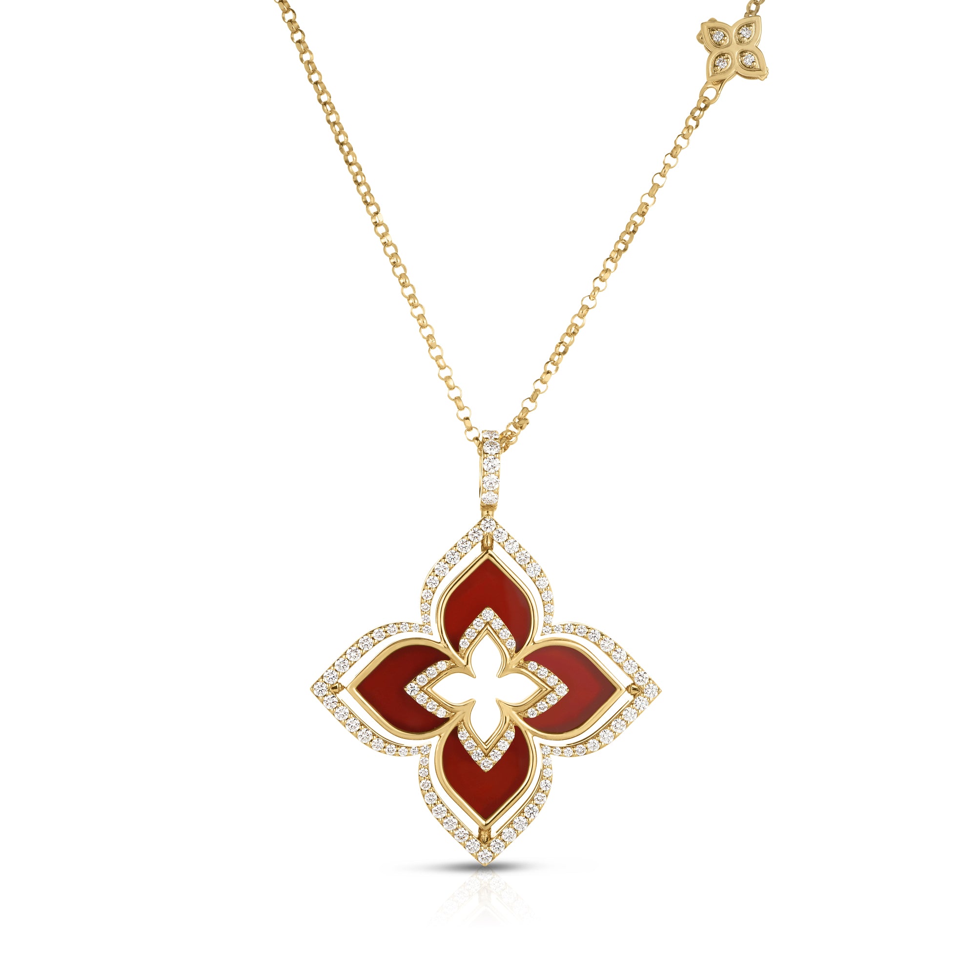 18K YELLOW GOLD VENETIAN PRINCESS PIROUETTE DIAMOND & RHODONITE LARGE FLOWER LONG NECKLACE