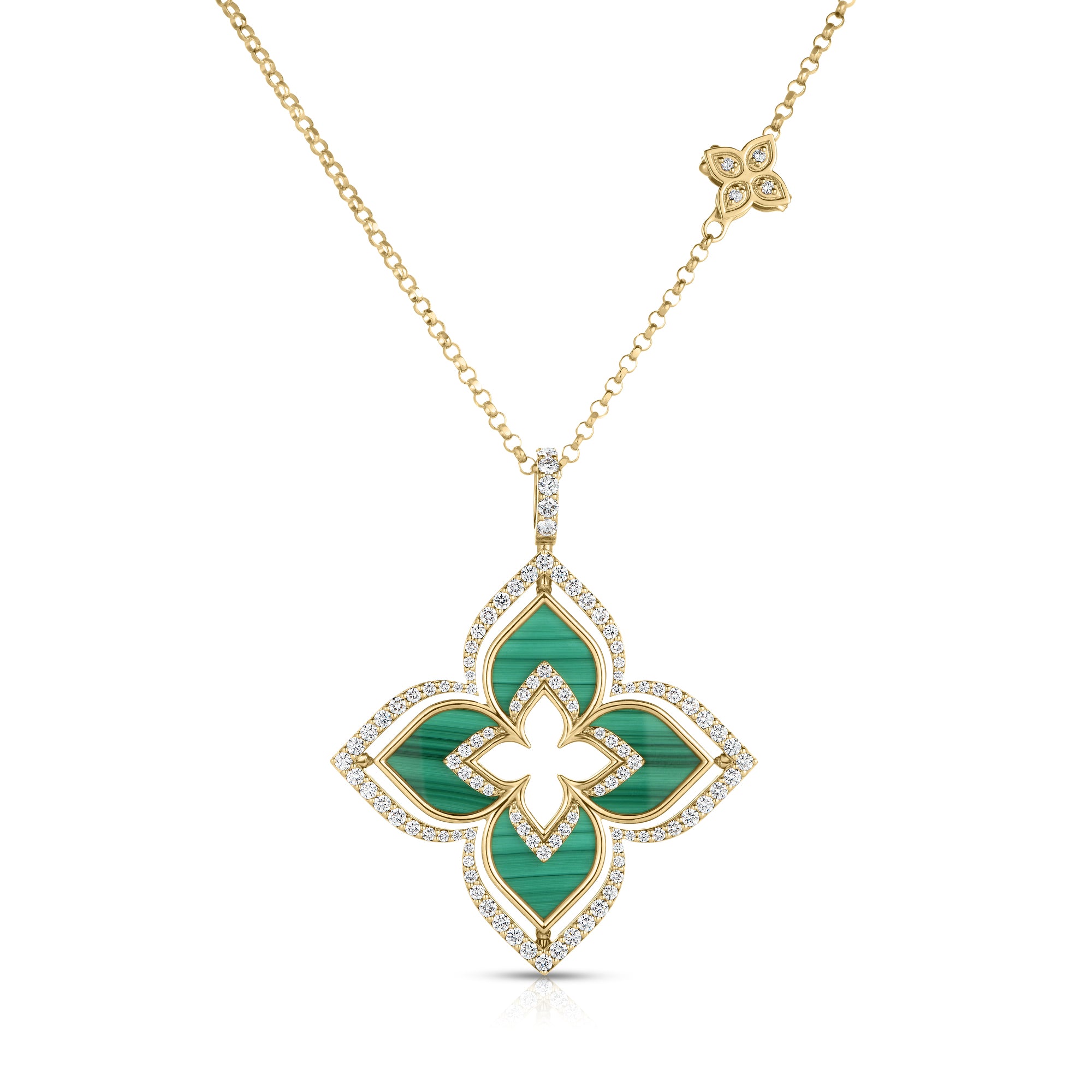 18K YELLOW GOLD VENETIAN PRINCESS PIROUETTE DIAMOND & MALACHITE LARGE FLOWER NECKLACE