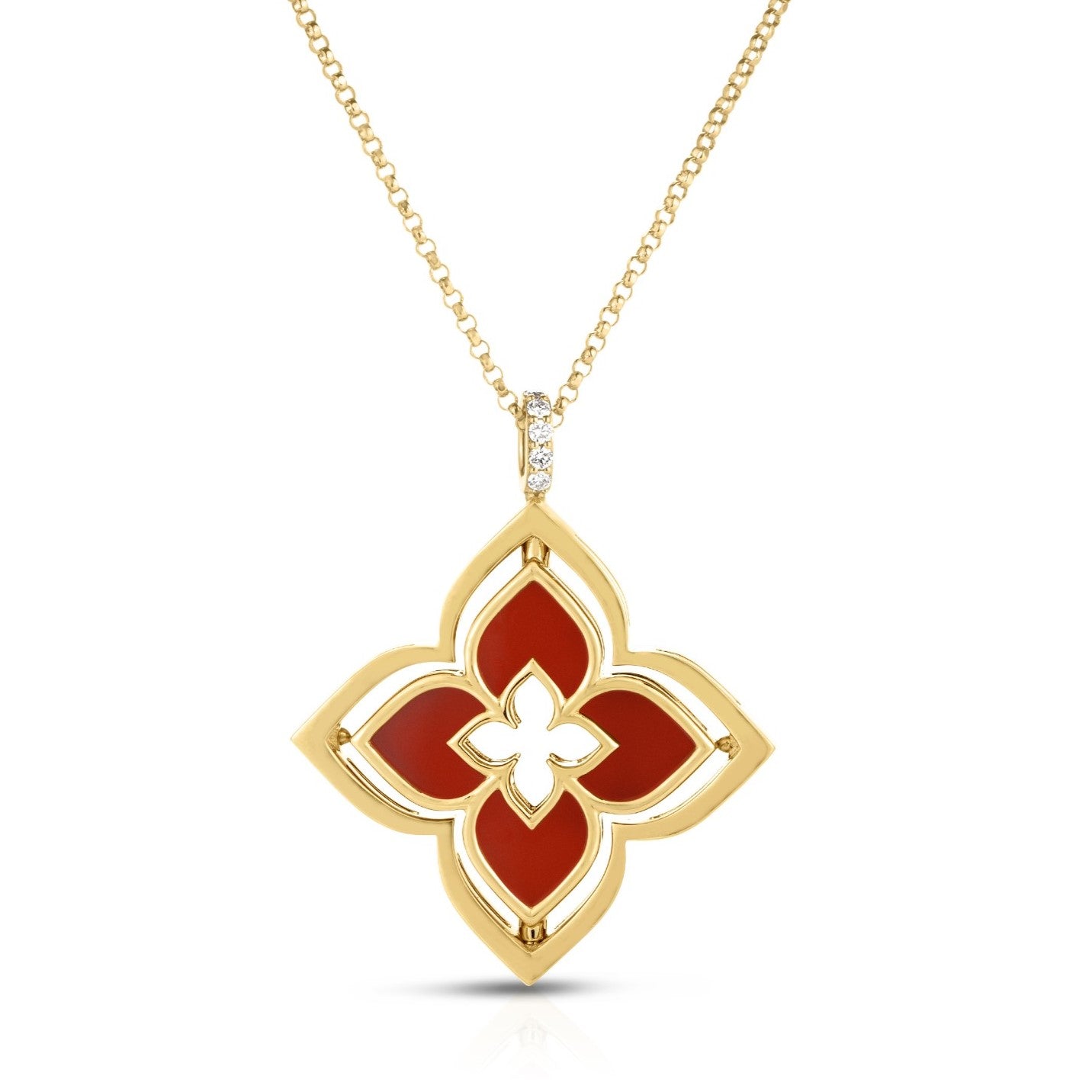 18K YELLOW GOLD VENETIAN PRINCESS PIROUETTE PAVE DIAMOND & RED AGATE FLOWER NECKLACE