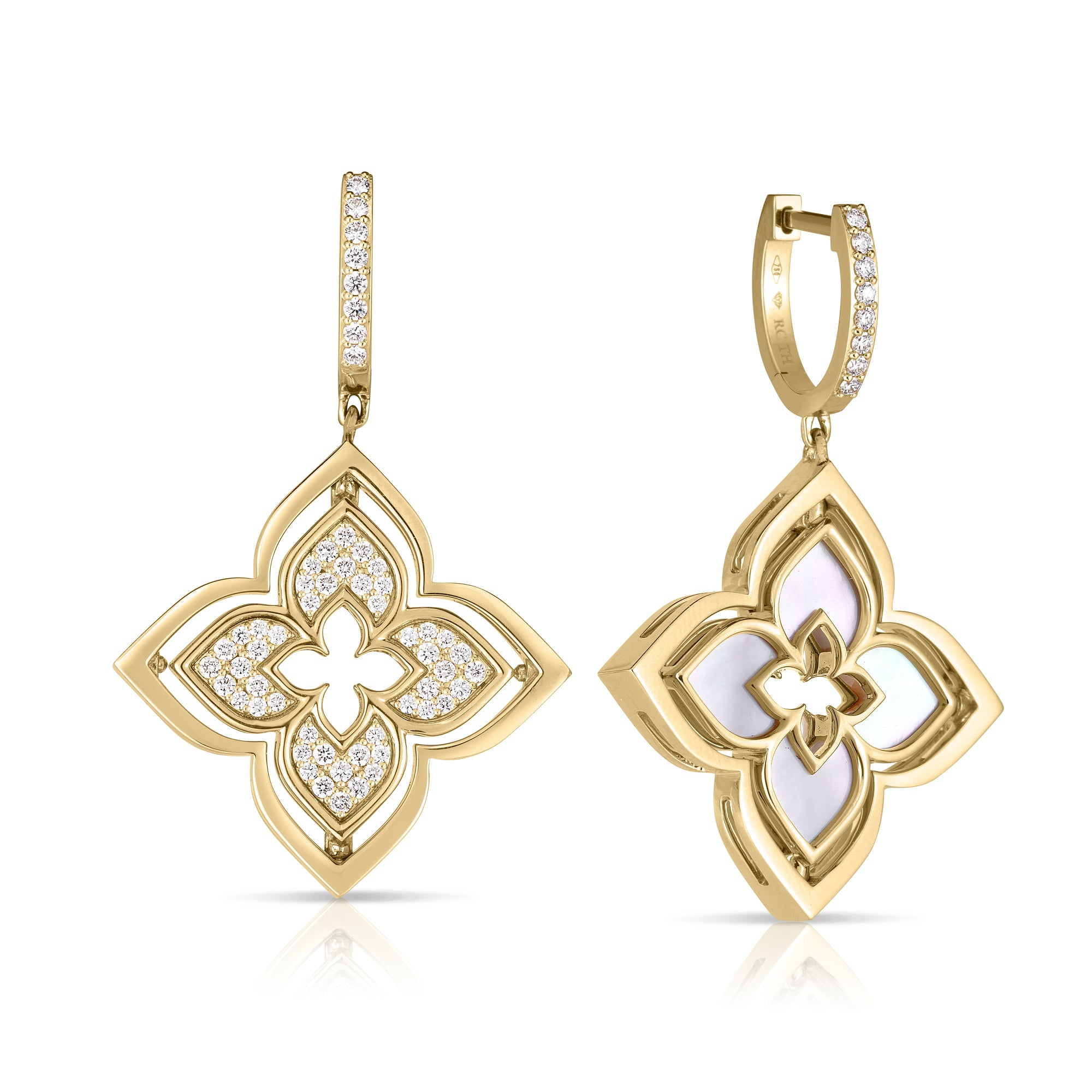 18K YELLOW GOLD VENETIAN PRINCESS PIROUETTE PAVE DIAMOND & MOTHER OF PEARL FLOWER DROP EARRINGS