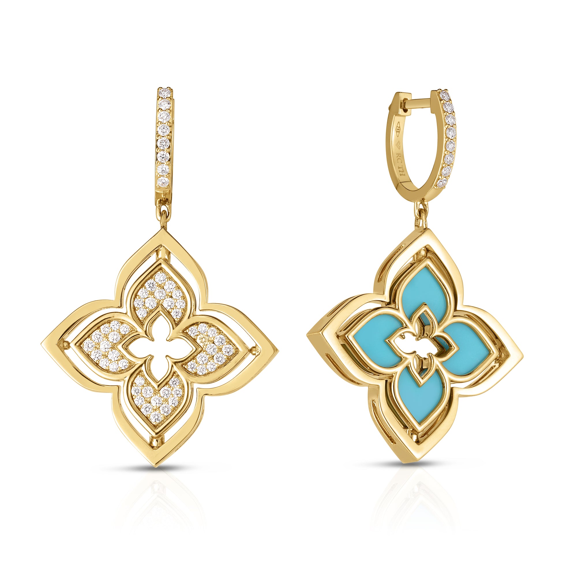 18K YELLOW GOLD VENETIAN PRINCESS PIROUETTE PAVE DIAMOND & TURQUOISE FLOWER DROP EARRINGS