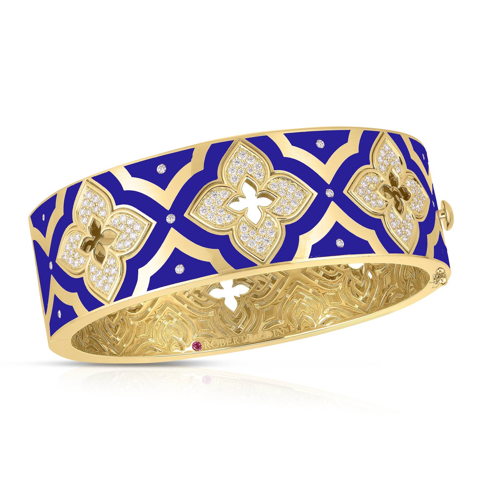 18K YELLOW GOLD VENETIAN PRINCESS WIDE DIAMOND & BLUE ENAMEL FLOWER WIDE BANGLE